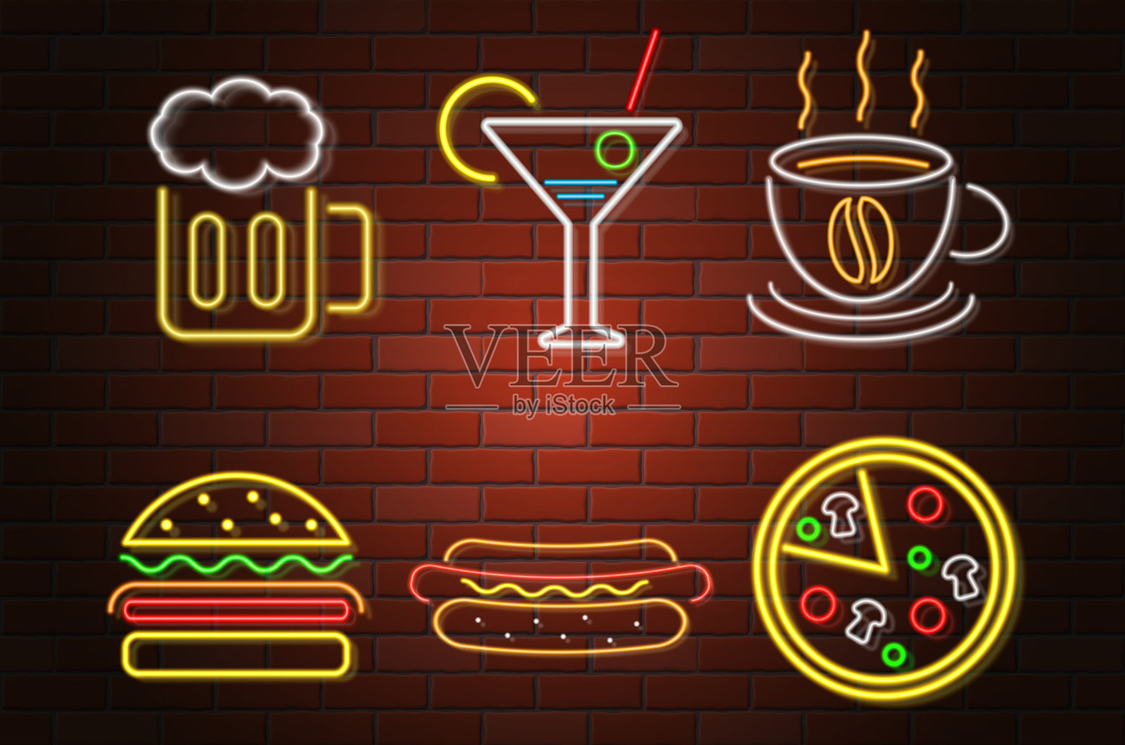 发光的霓虹灯招牌快餐和饮料矢量插图插画图片素材