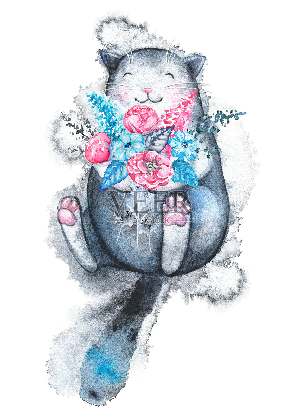 水彩黑猫与花睡觉插画图片素材