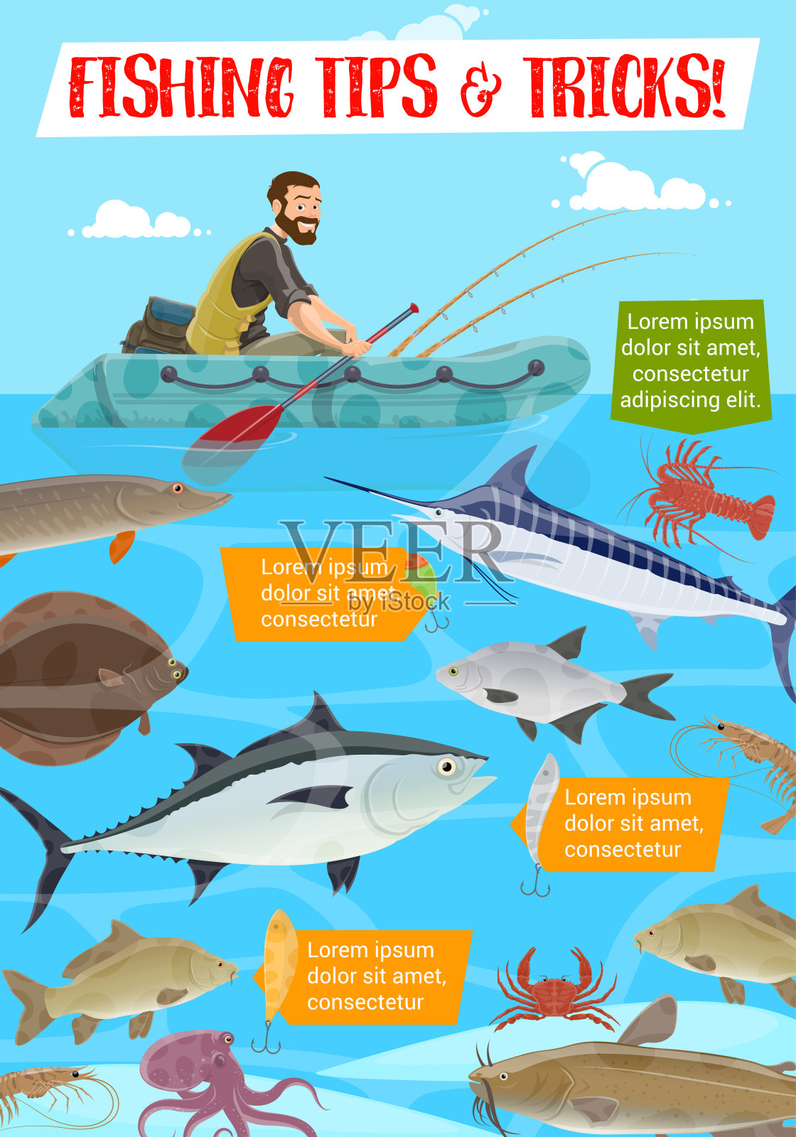 钓鱼运动技巧，卡通矢量插画图片素材