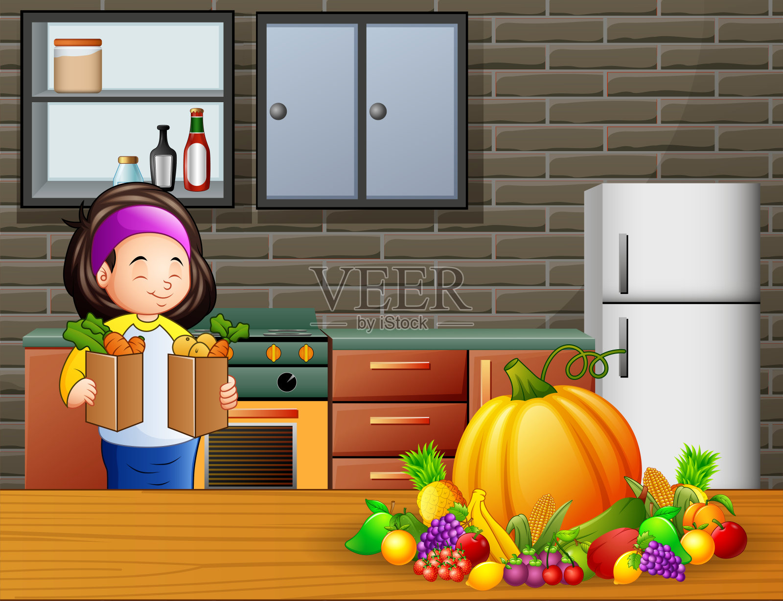 一个年轻女人拿着两袋蔬菜在厨房里插画图片素材