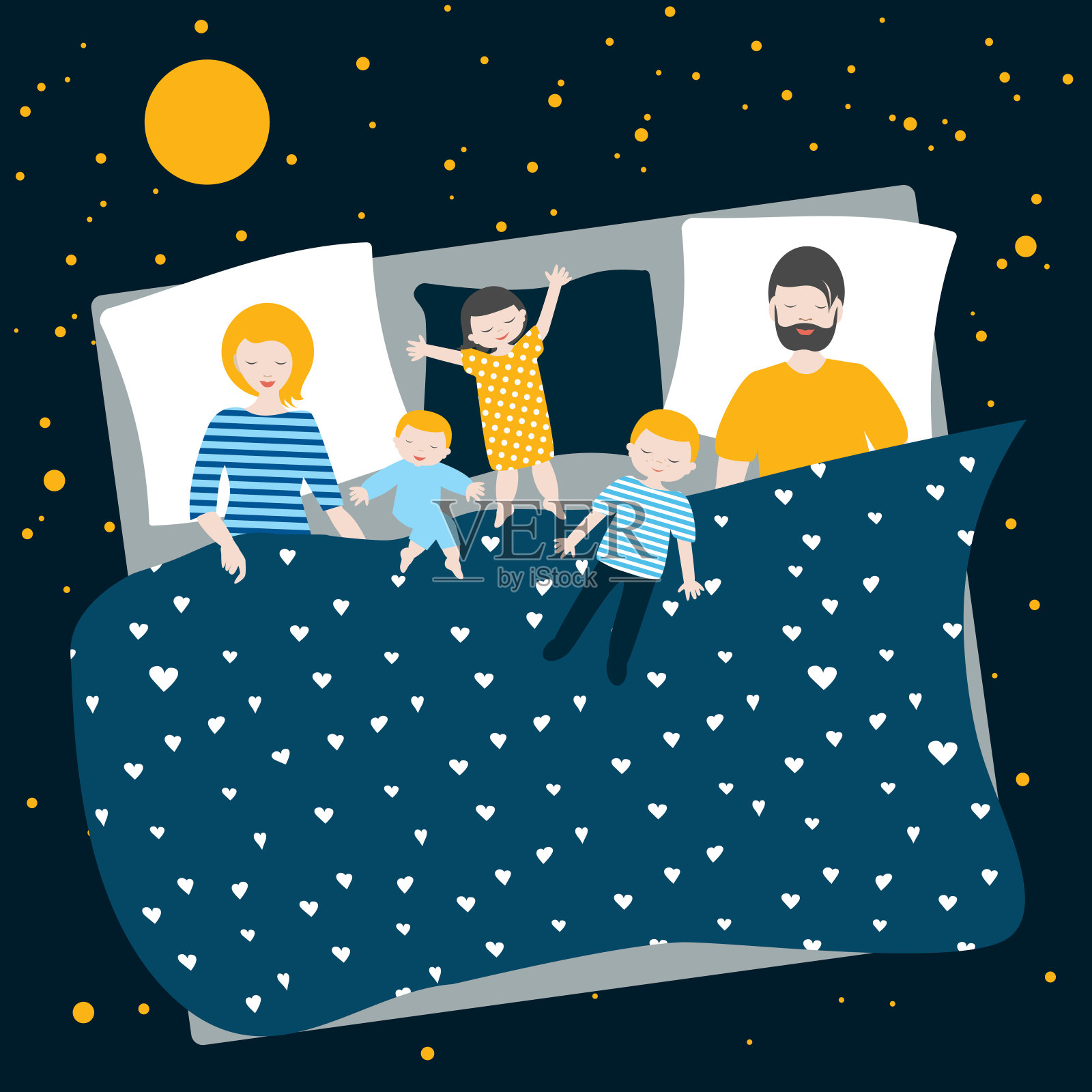 一个父母和三个孩子一起睡在床上的家庭。插画图片素材