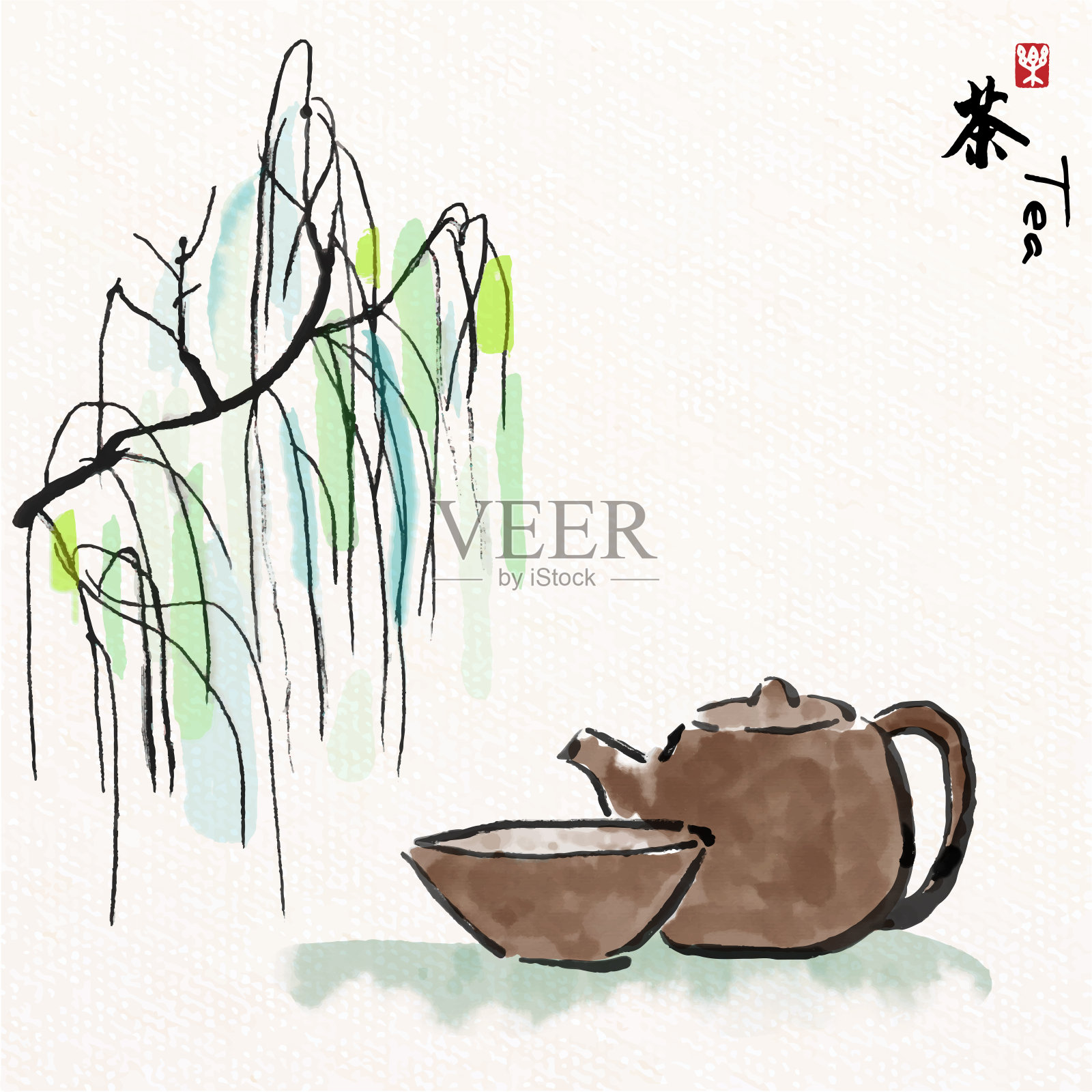 亚洲茶具和柳树具有中国画的艺术风格，汉字的意思是享受茶插画图片素材