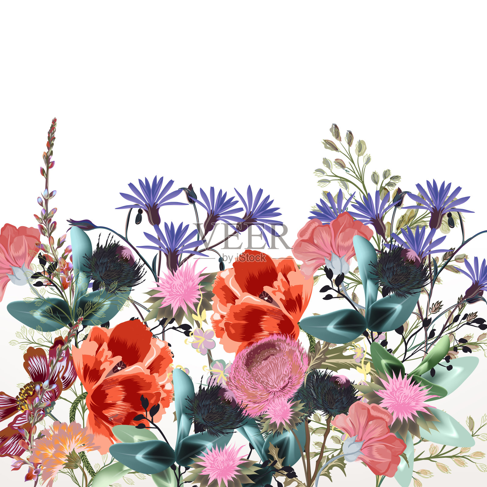 时尚纺织花卉矢量图案与三叶草和田花插画图片素材