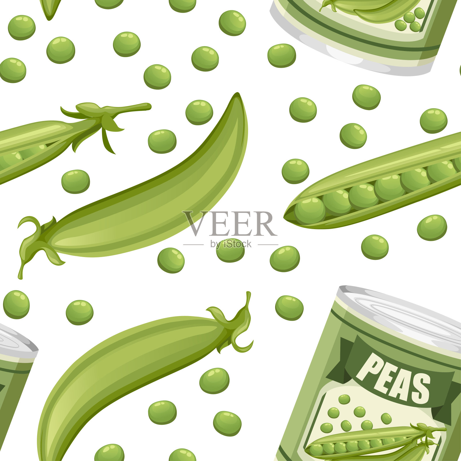 无缝模式。绿豌豆铝罐与豆荚。带有豌豆标志的罐头食品。超市和商店的产品。平面矢量插图上的白色背景插画图片素材