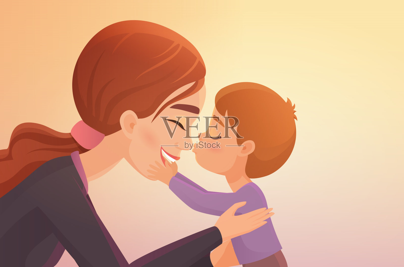 可爱的小男孩亲吻他快乐的妈妈卡通矢量插图。插画图片素材