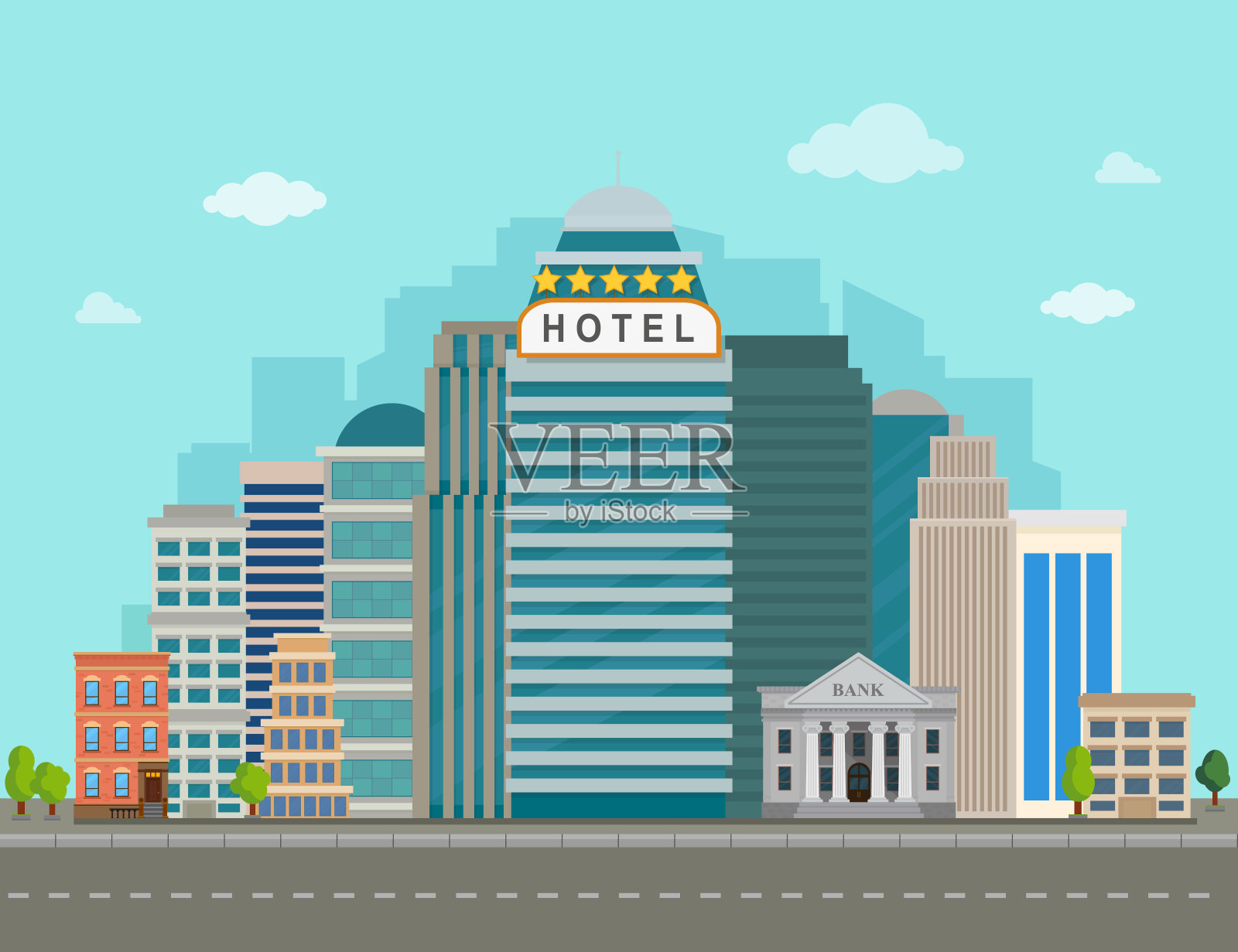 酒店在城市。城市景观矢量插图。插画图片素材