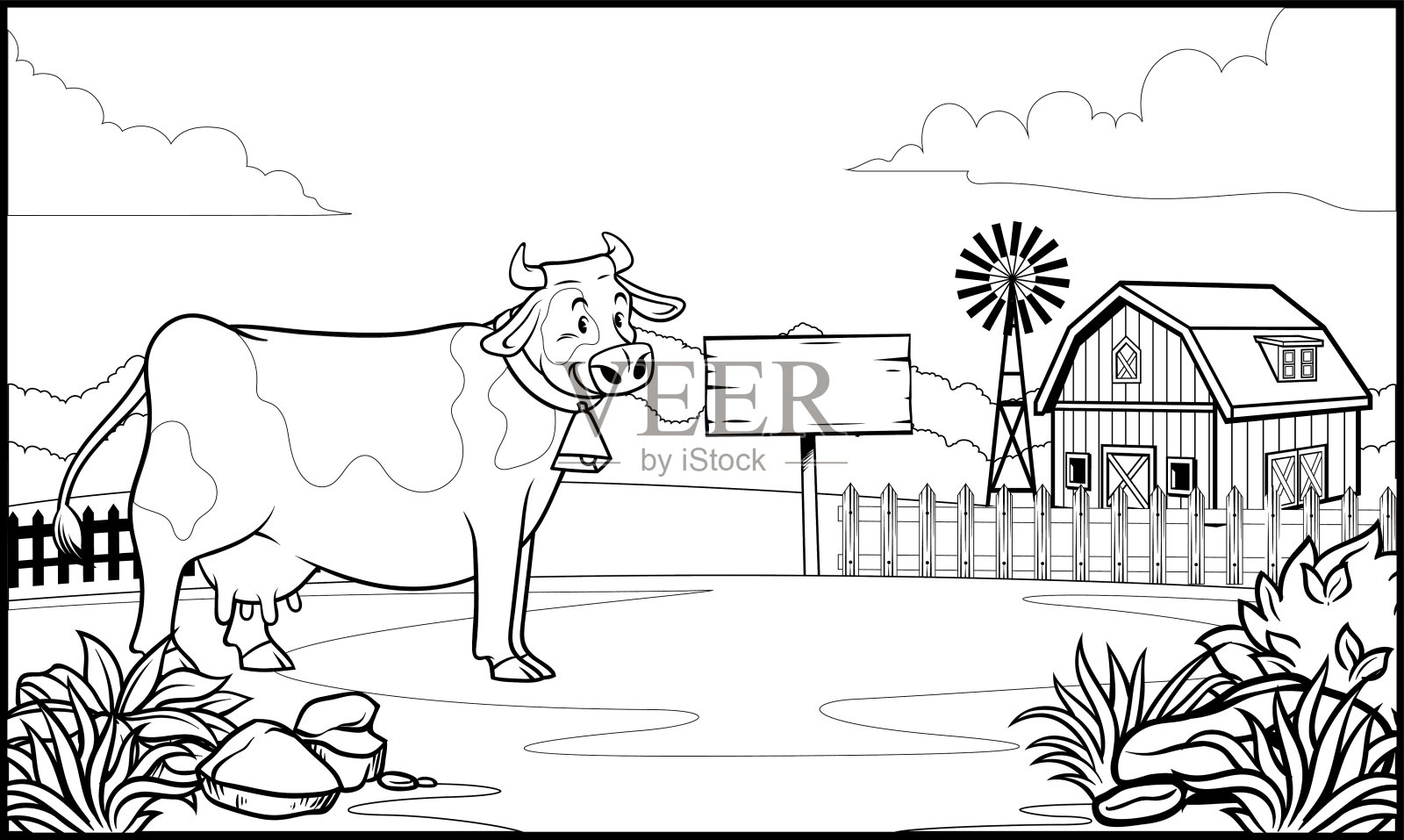 黑白涂色页牛在牧场插画图片素材