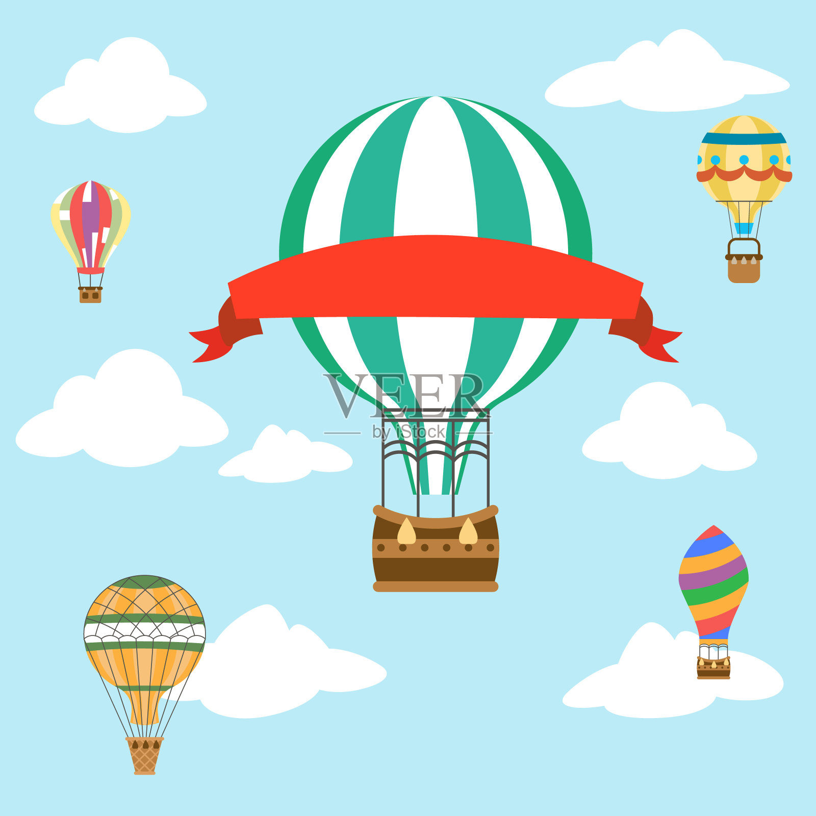 飞天空云彩气球气球与红色广告缎带平面设计图标矢量插图插画图片素材