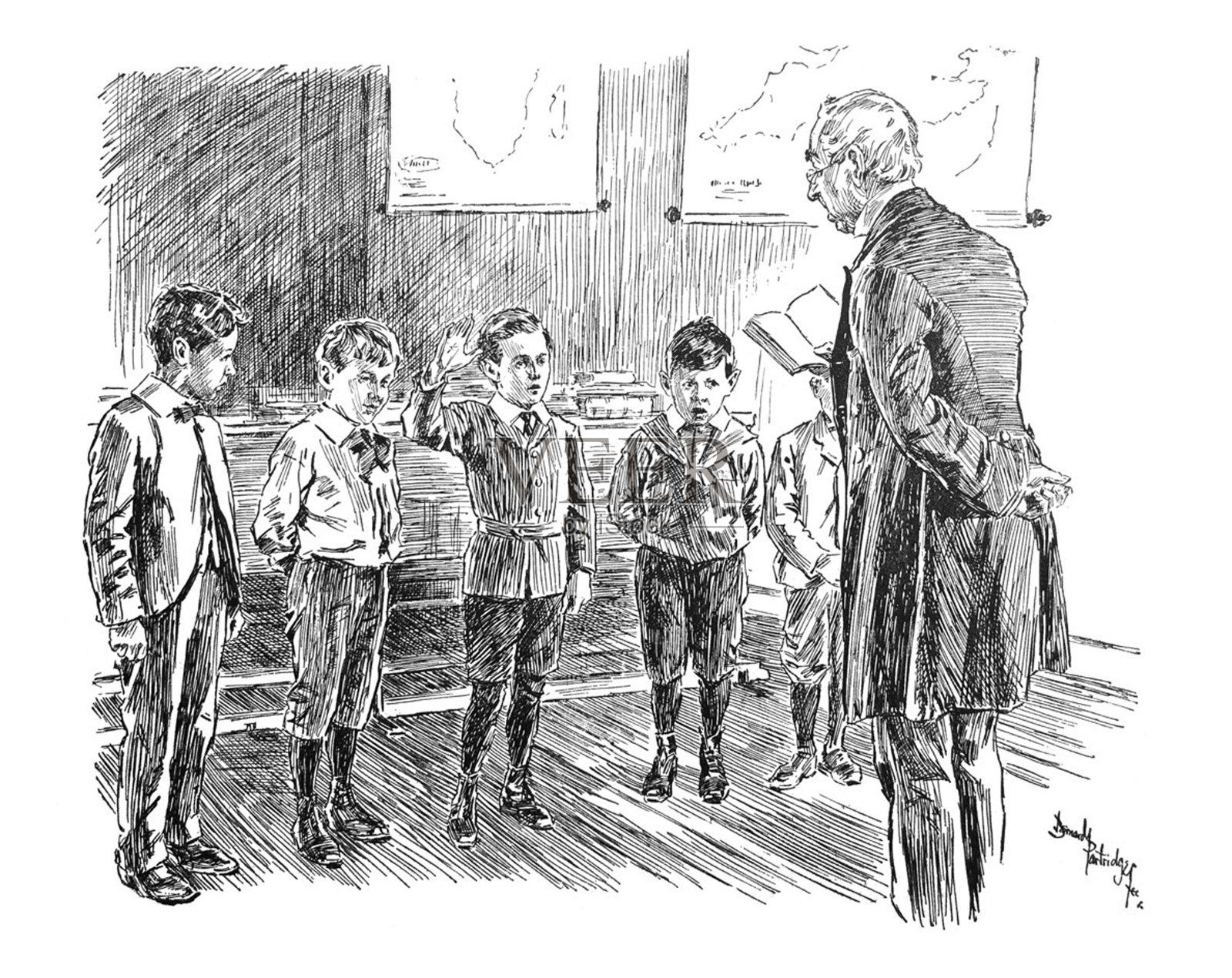 英国讽刺漫画漫画插图-五个小男孩站在前面的老师与书-插图插画图片素材