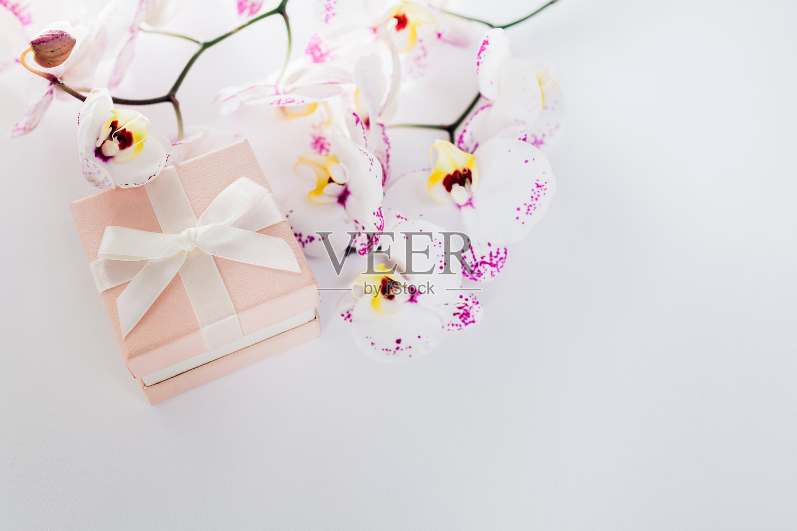 礼盒与兰花在白色的背景。妇女节的礼物。照片摄影图片