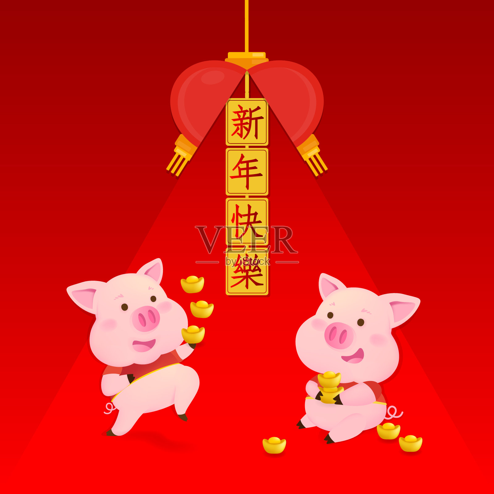 新年快乐。中国新年。猪年到了。红色背景上的幸运猪插画图片素材