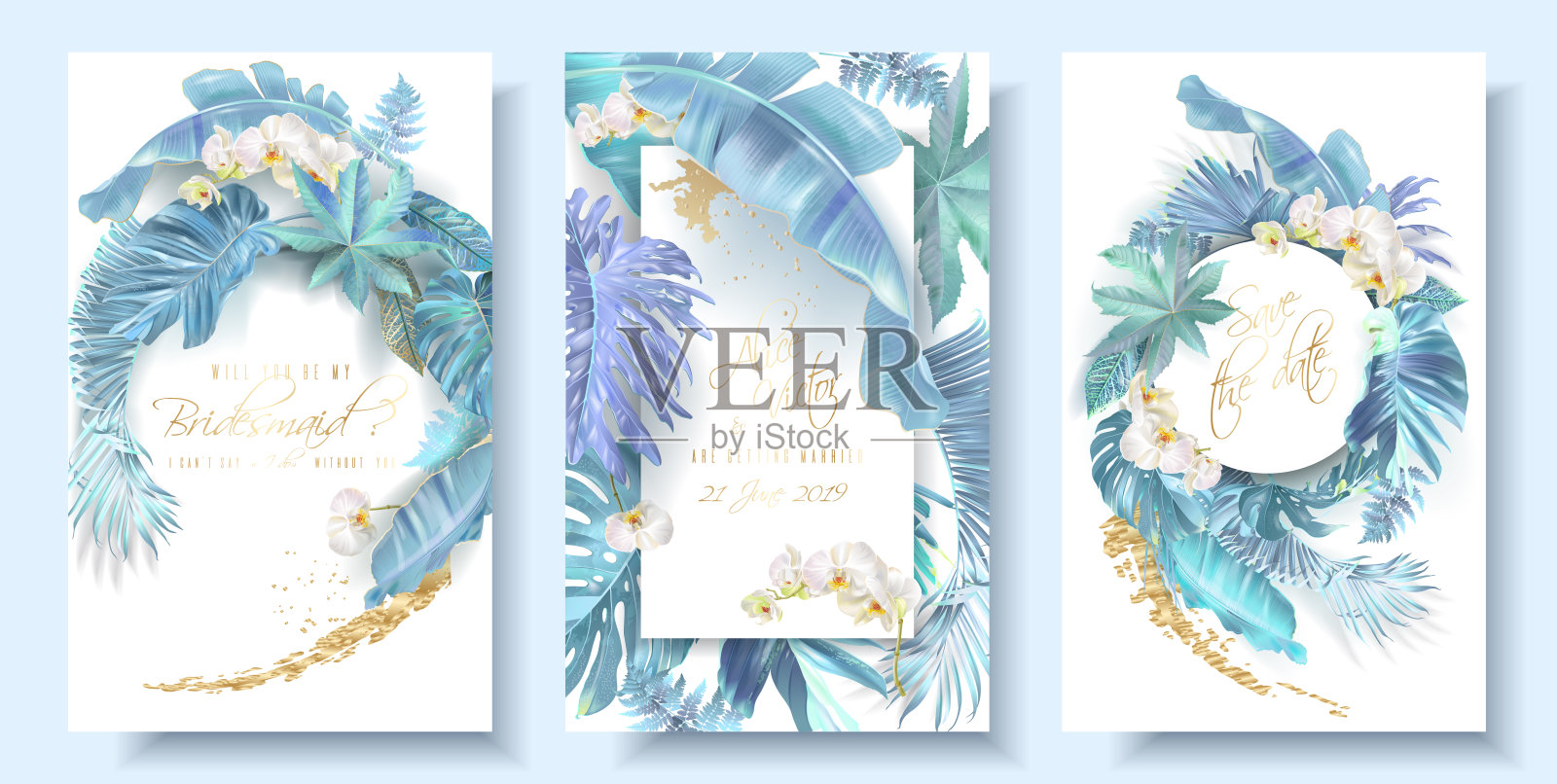 热带蓝色叶子和兰花的婚礼卡片插画图片素材