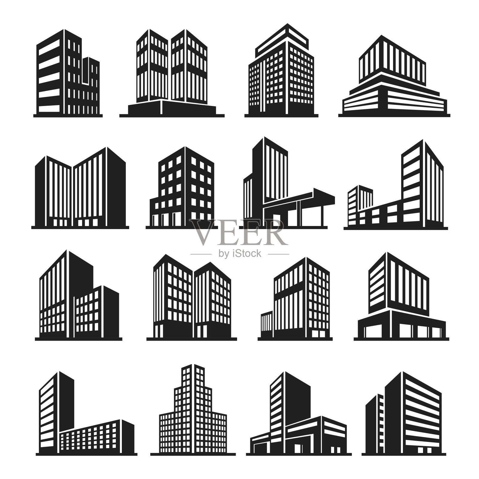 建筑物图标在透视，城市景观建设设置图标素材