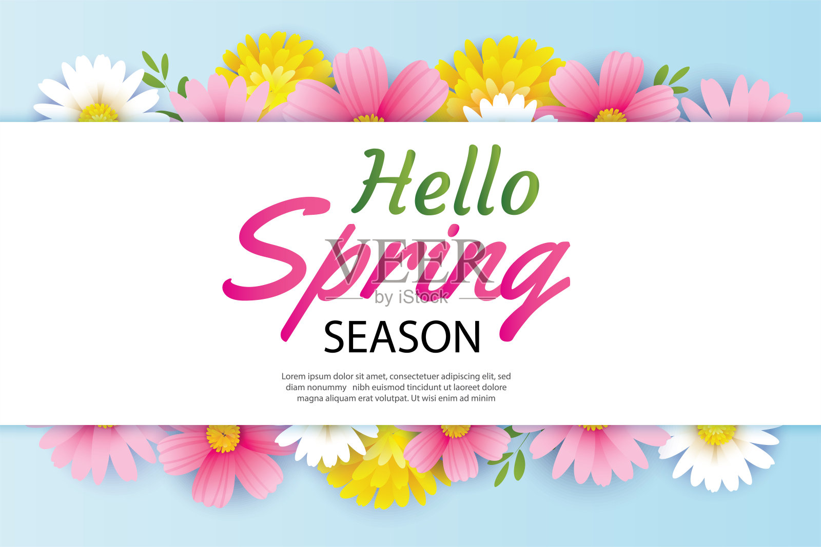 你好春天贺卡和邀请与盛开的鲜花背景模板。设计封面，传单，海报，小册子，横幅。插画图片素材