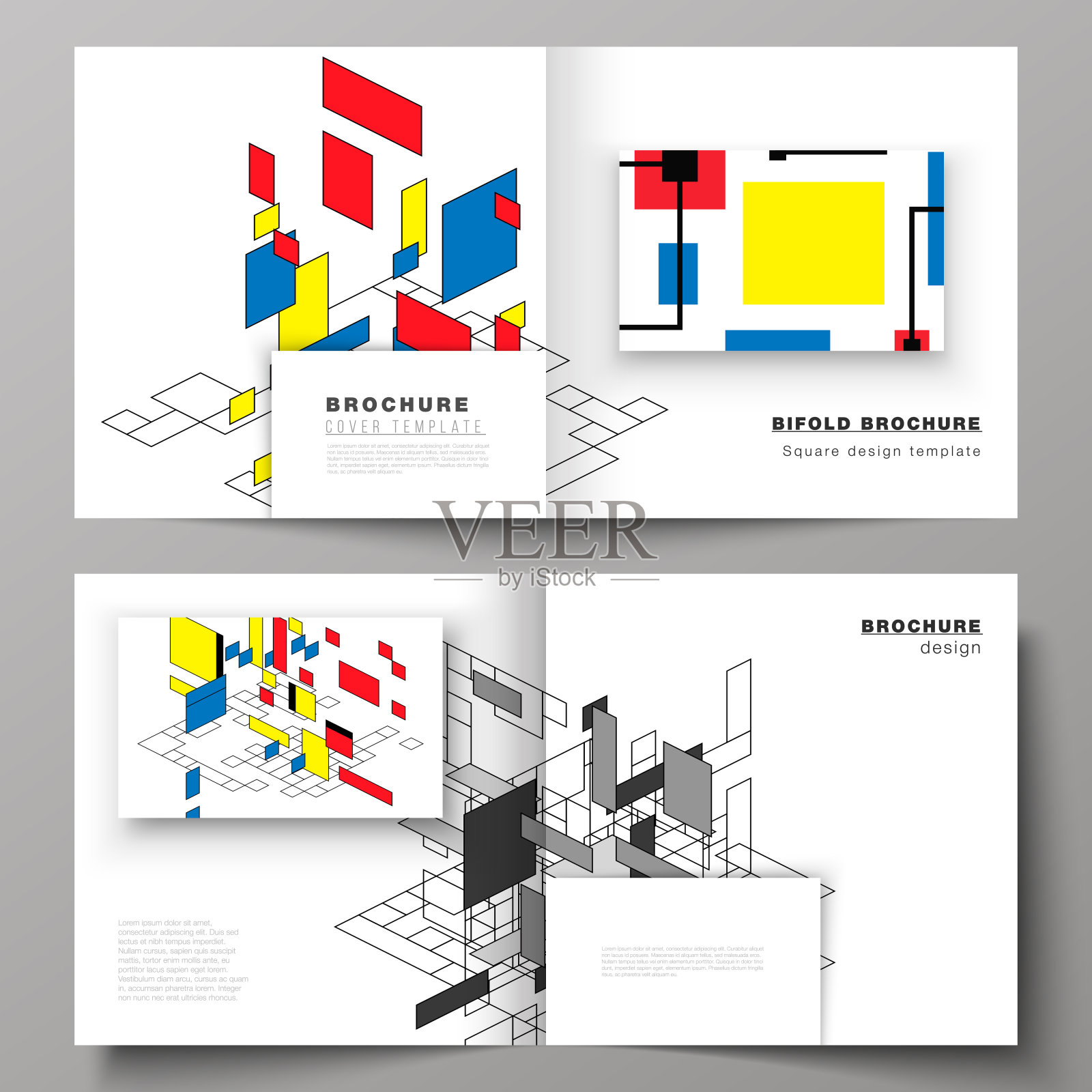 矢量插图的两个封面模板为方形设计双折宣传册，杂志，传单，小册子。抽象的多边形背景，彩色的马赛克图案，复古的包豪斯风格设计。插画图片素材