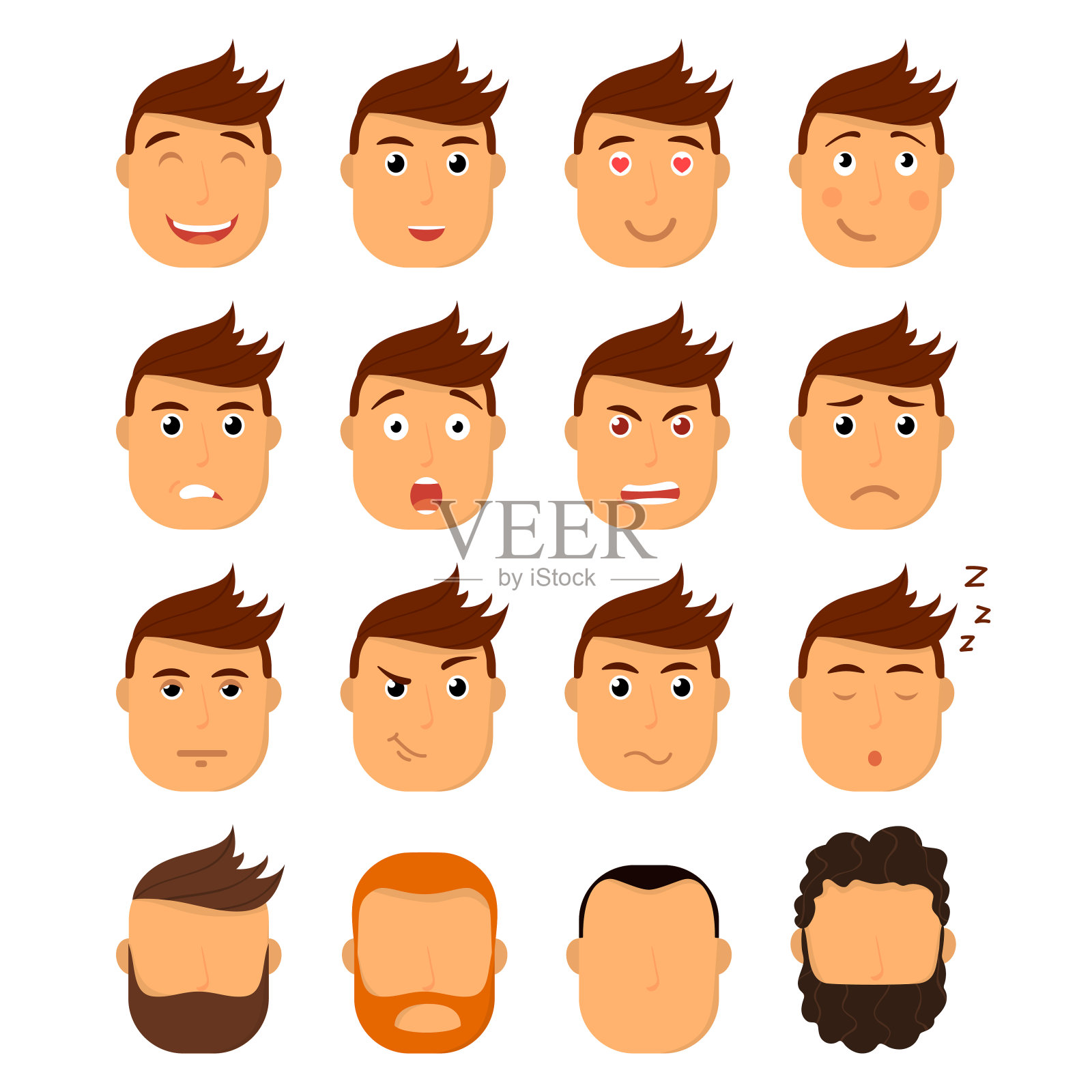 一组男性面部情绪。不同表情的表情符号。矢量插图卡通风格。插画图片素材