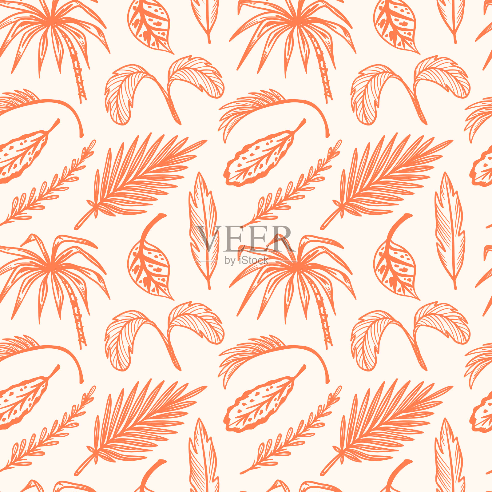 珊瑚色热带棕榈树叶子矢量无缝模式。手绘涂鸦棕榈叶素描。夏天花的背景。热带植物壁纸插画图片素材