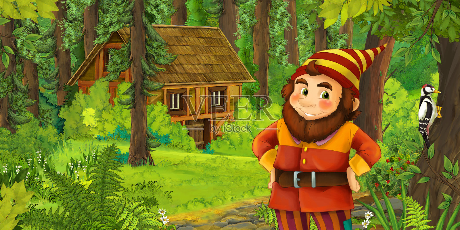 卡通场景与快乐的小矮人在森林附近的木屋插画图片素材