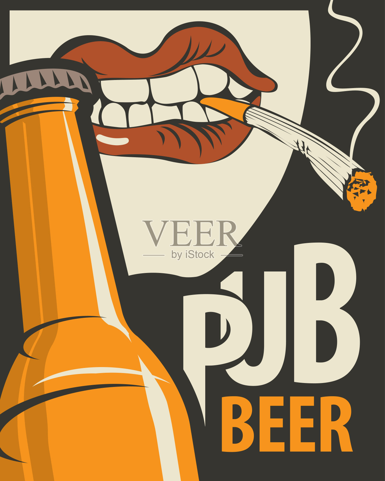 啤酒横幅与瓶子和吸烟的人的嘴插画图片素材