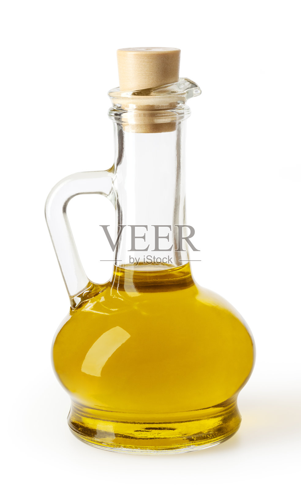 橄榄油在玻璃瓶中孤立的白色背景与剪切路径照片摄影图片