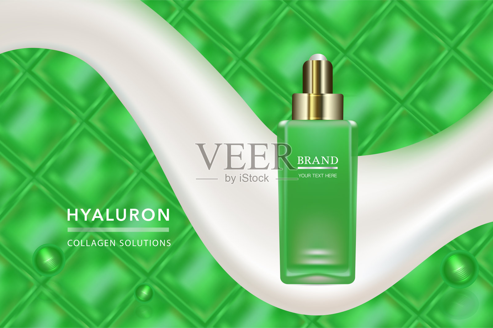 美容产品，绿色化妆品容器与广告背景随时可用，奢侈护肤广告，插图向量。设计模板素材