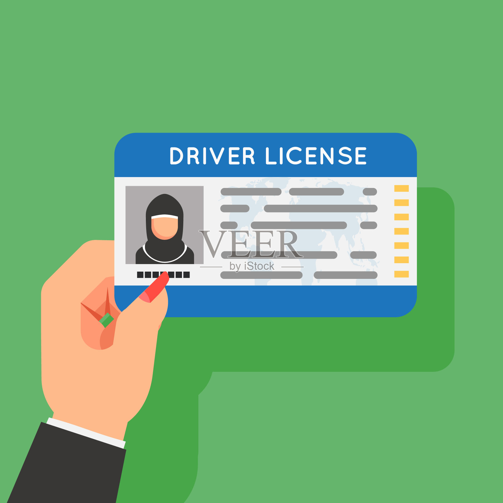 阿拉伯女性驾驶证手握汽车驾驶证女性身份证照片平面设计矢量插图插画图片素材