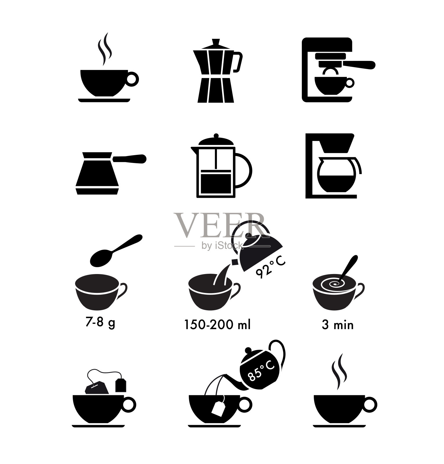 一套煮咖啡和茶的方法。一组可以在您的设计中使用的图标。图标素材
