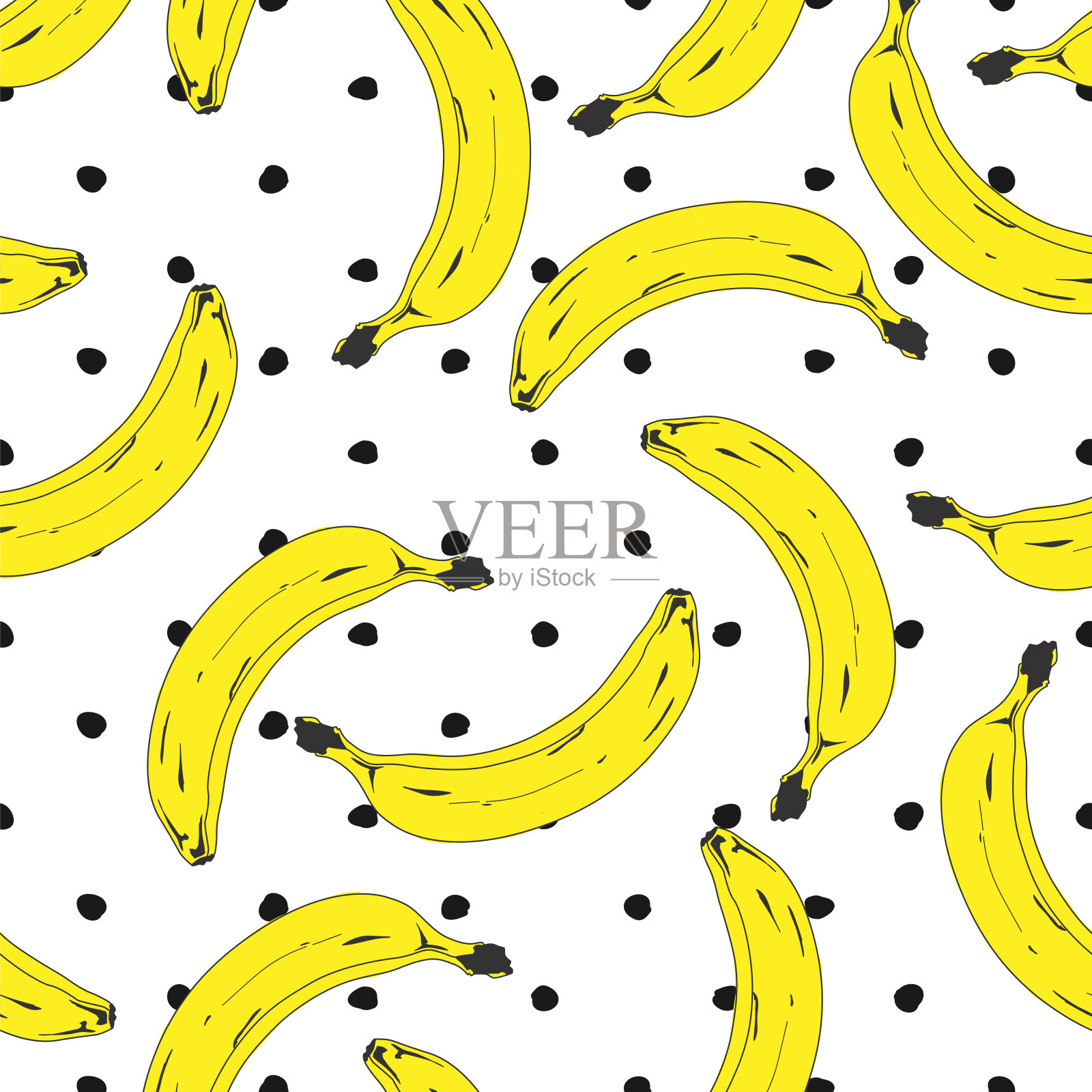 无缝波普艺术香蕉图案随机分布在颜色背景。矢量插图。插画图片素材
