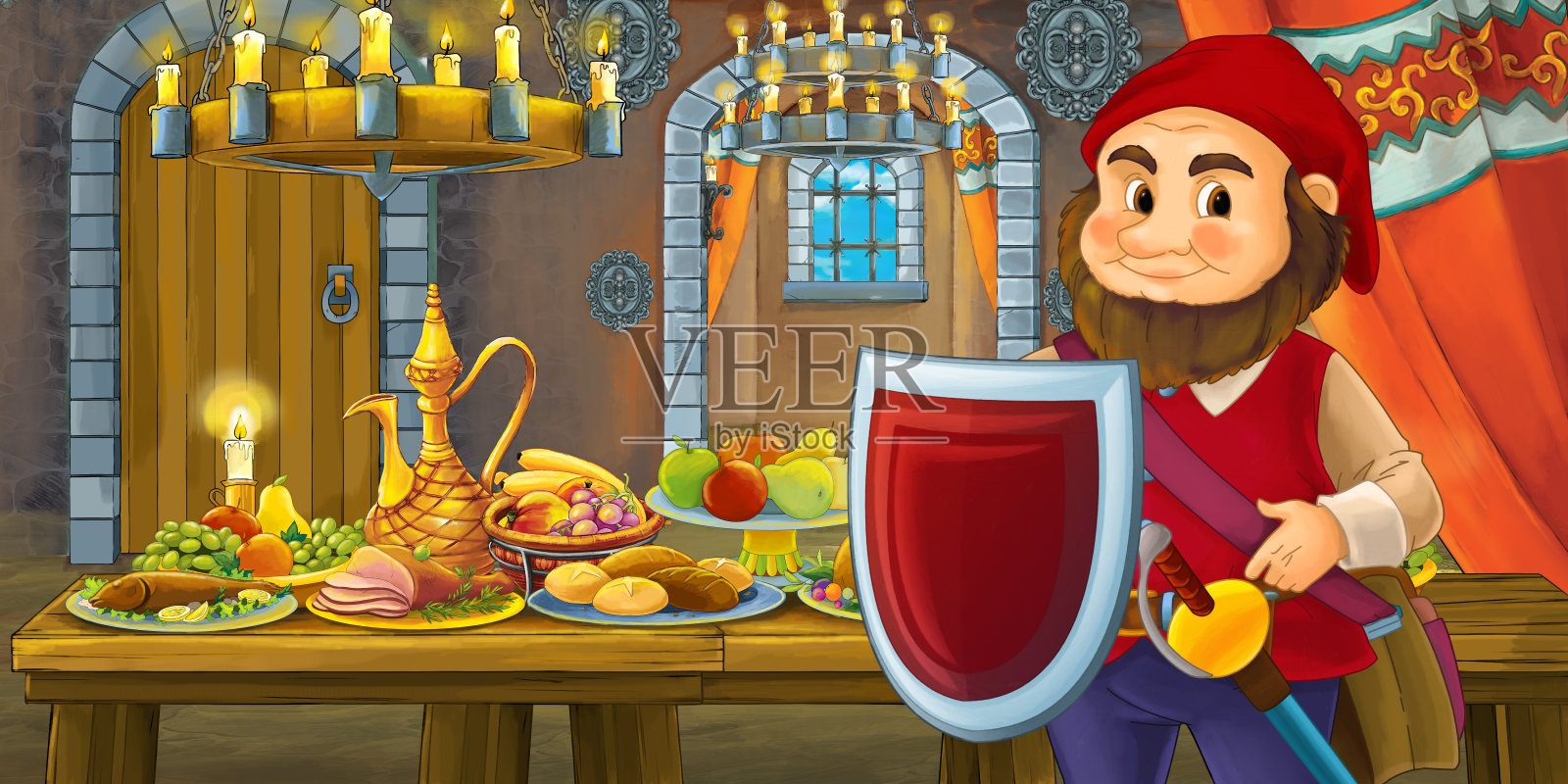 卡通童话场景中，侏儒王子坐在摆满食物的桌子旁插画图片素材