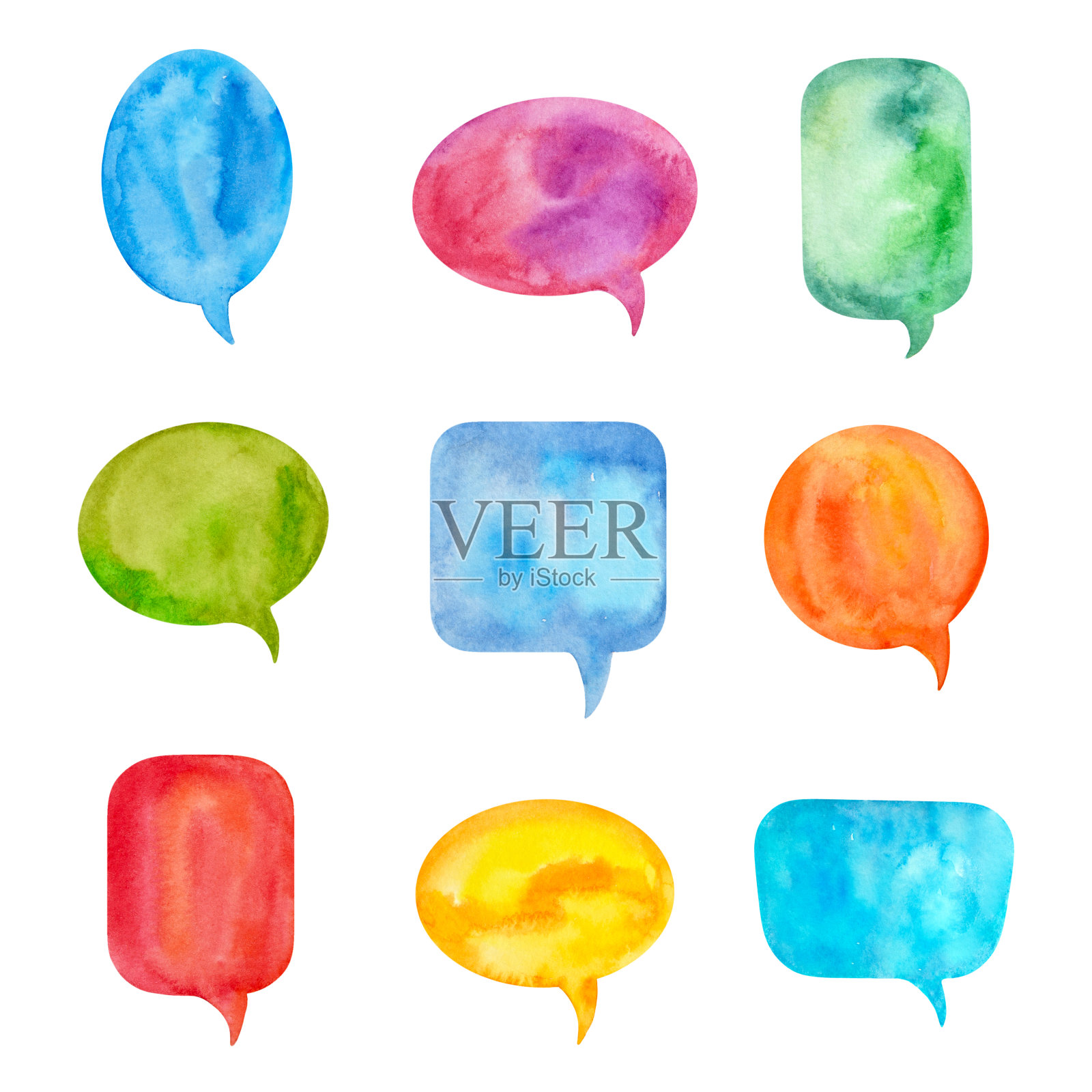 一套彩色的讲话气泡或会话云。由水彩和孤立的白色插画图片素材