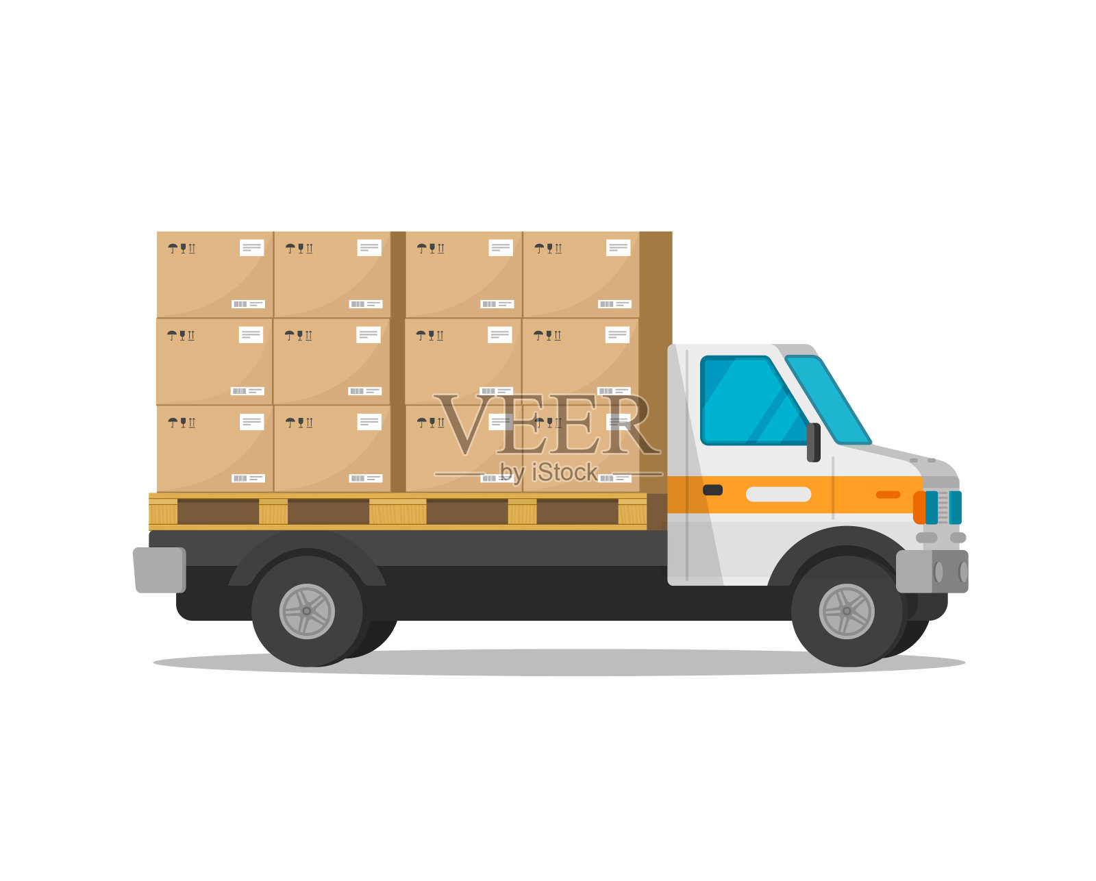 送货卡车隔离与包裹货物箱矢量插图，平卡通货车货车或快递卡车汽车与重负荷包裹剪贴画插画图片素材