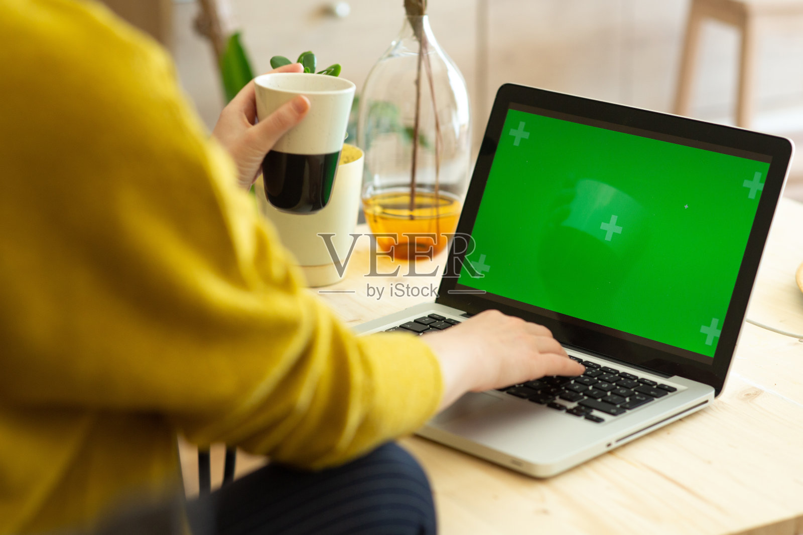 用绿色屏幕的笔记本电脑工作的女人照片摄影图片