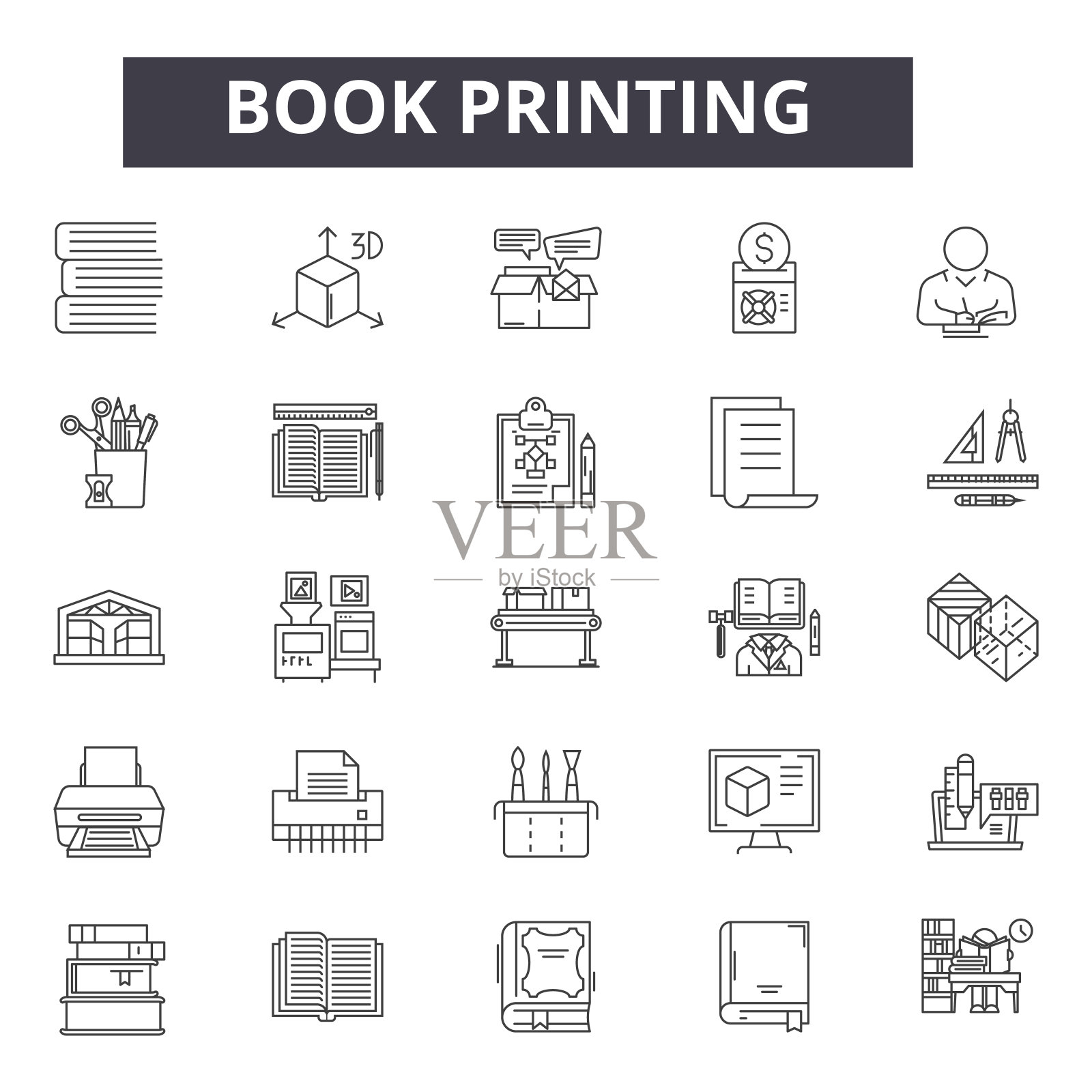 用于网页和移动设计的图书印刷线图标。可编辑的笔画符号。图书印刷大纲概念插图插画图片素材