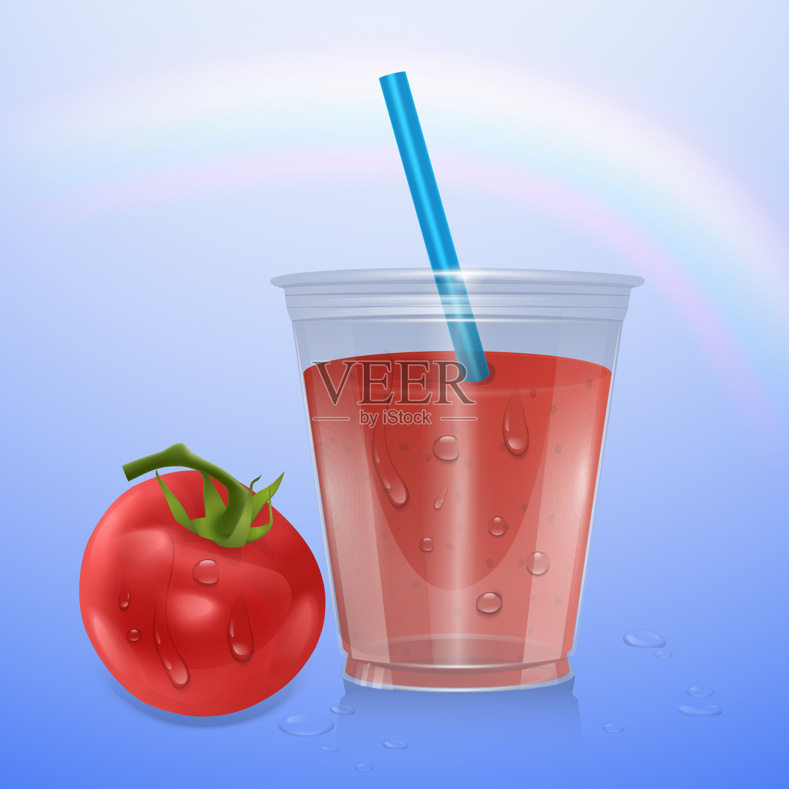 果汁模型隔离在蓝色背景，3d插图。逼真的塑料杯番茄汁和成熟的番茄插画图片素材