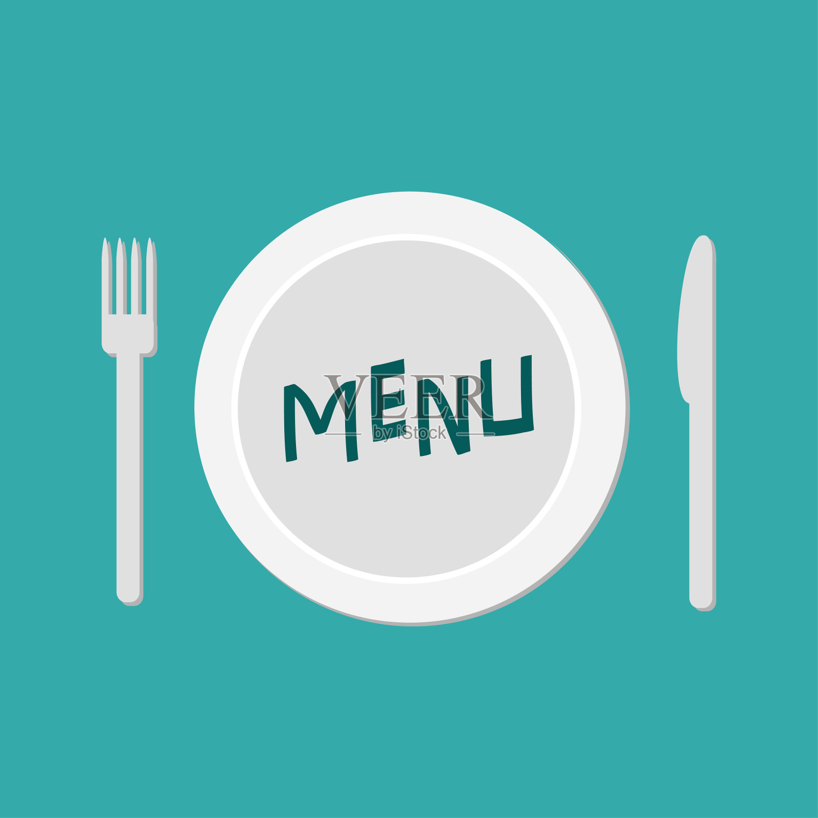盘子上配有叉子、刀和厨师帽。餐馆的菜菜。菜单卡。平面材质设计风格。绿色背景。设计模板素材