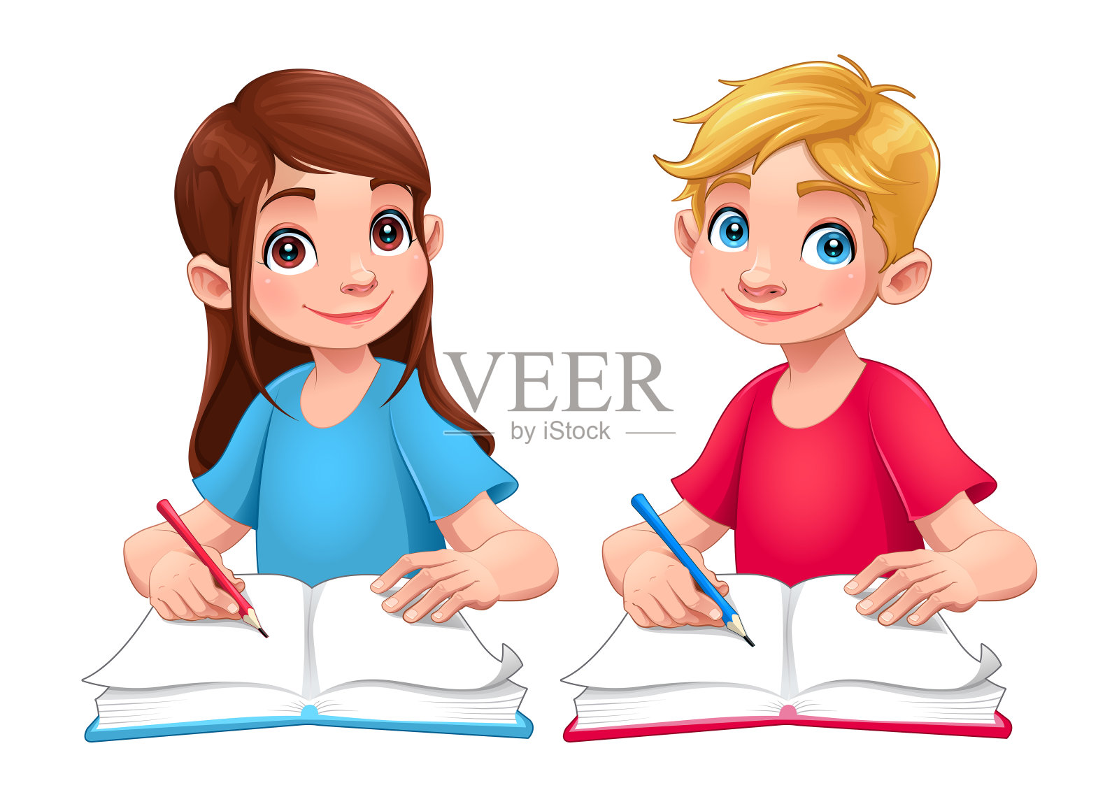 年轻的学生男孩和女孩拿着书和铅笔插画图片素材