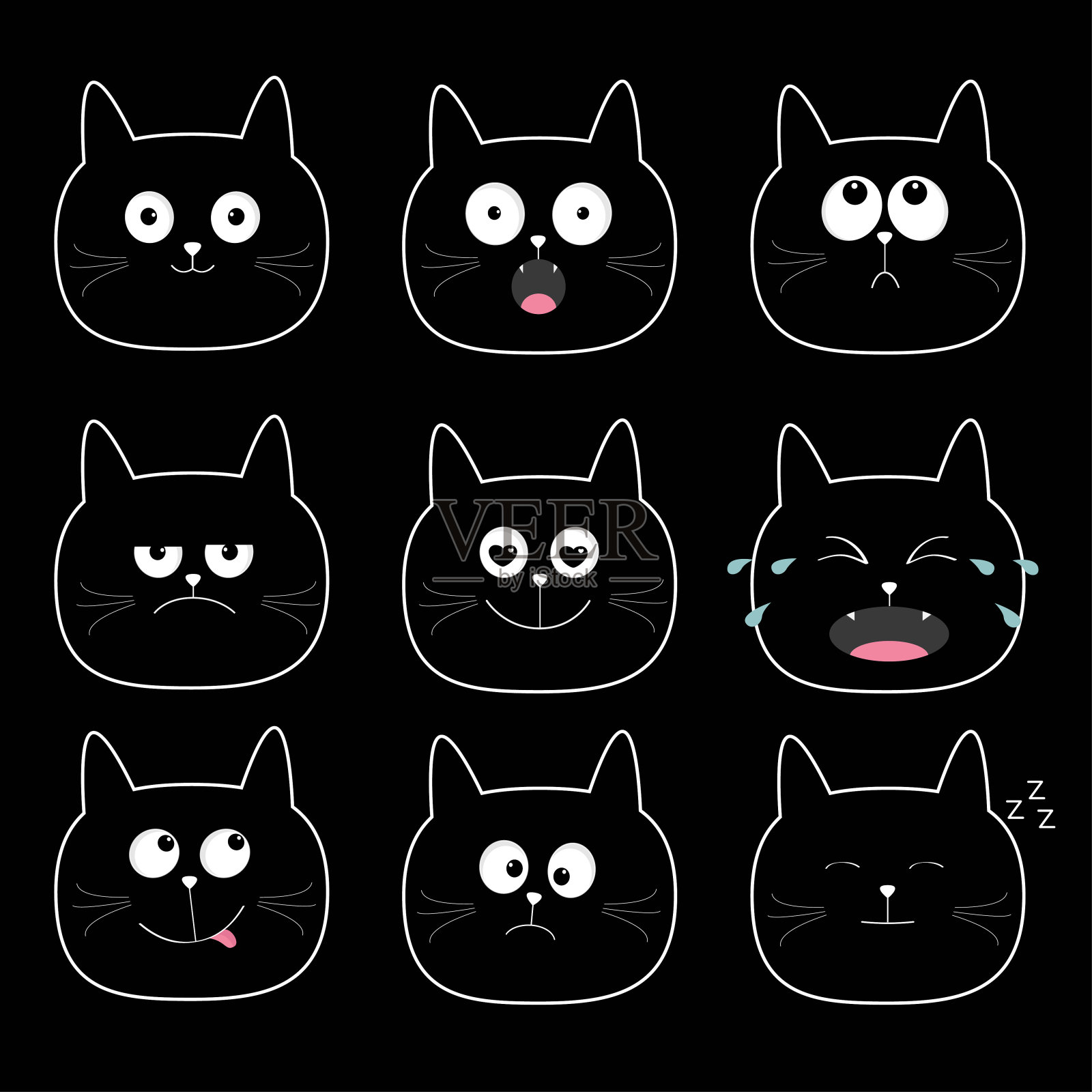可爱的黑猫头套。有趣的卡通人物。不同的情绪面对集合。哭泣的，快乐的，微笑的，打鼾的，悲伤的，生气的小猫。白色的背景。平插画图片素材