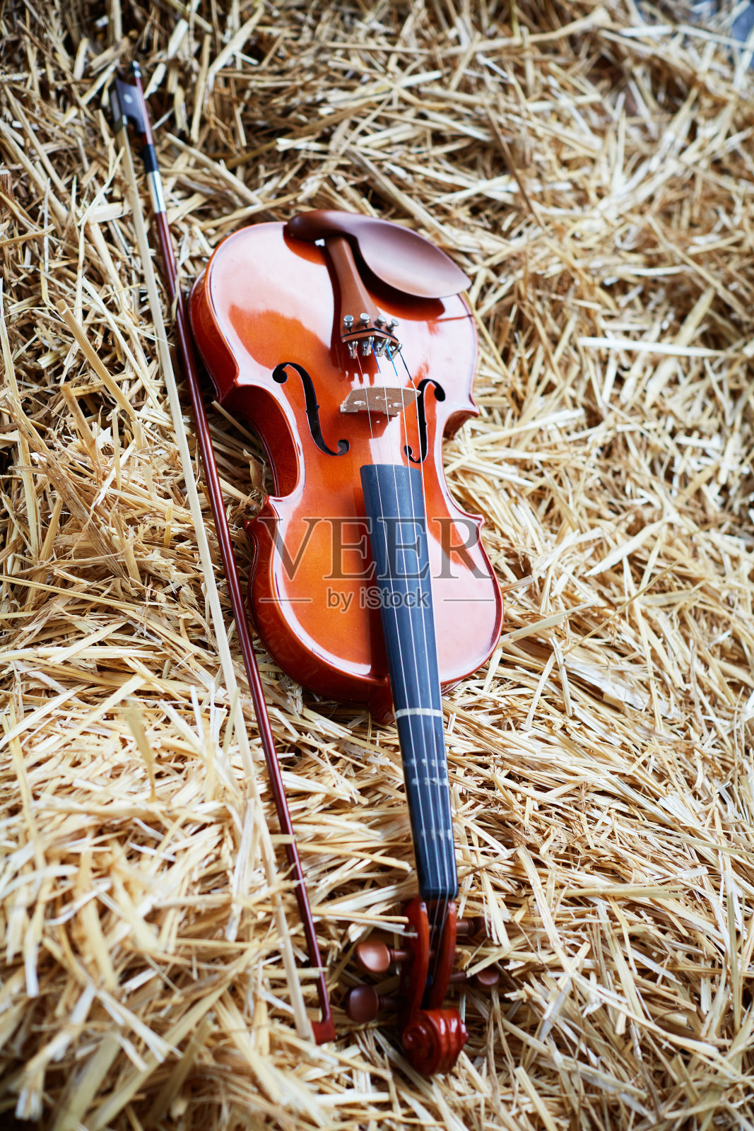 乡村音乐:稻草上的小提琴照片摄影图片