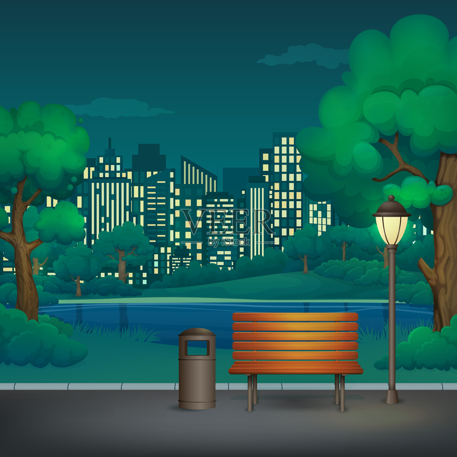 夏、春、夜园矢量插画。木凳、垃圾桶和路灯在柏油公园小径上，郁郁葱葱的树木、灌木丛、湖泊和摩天大楼的城市景观。插画图片素材