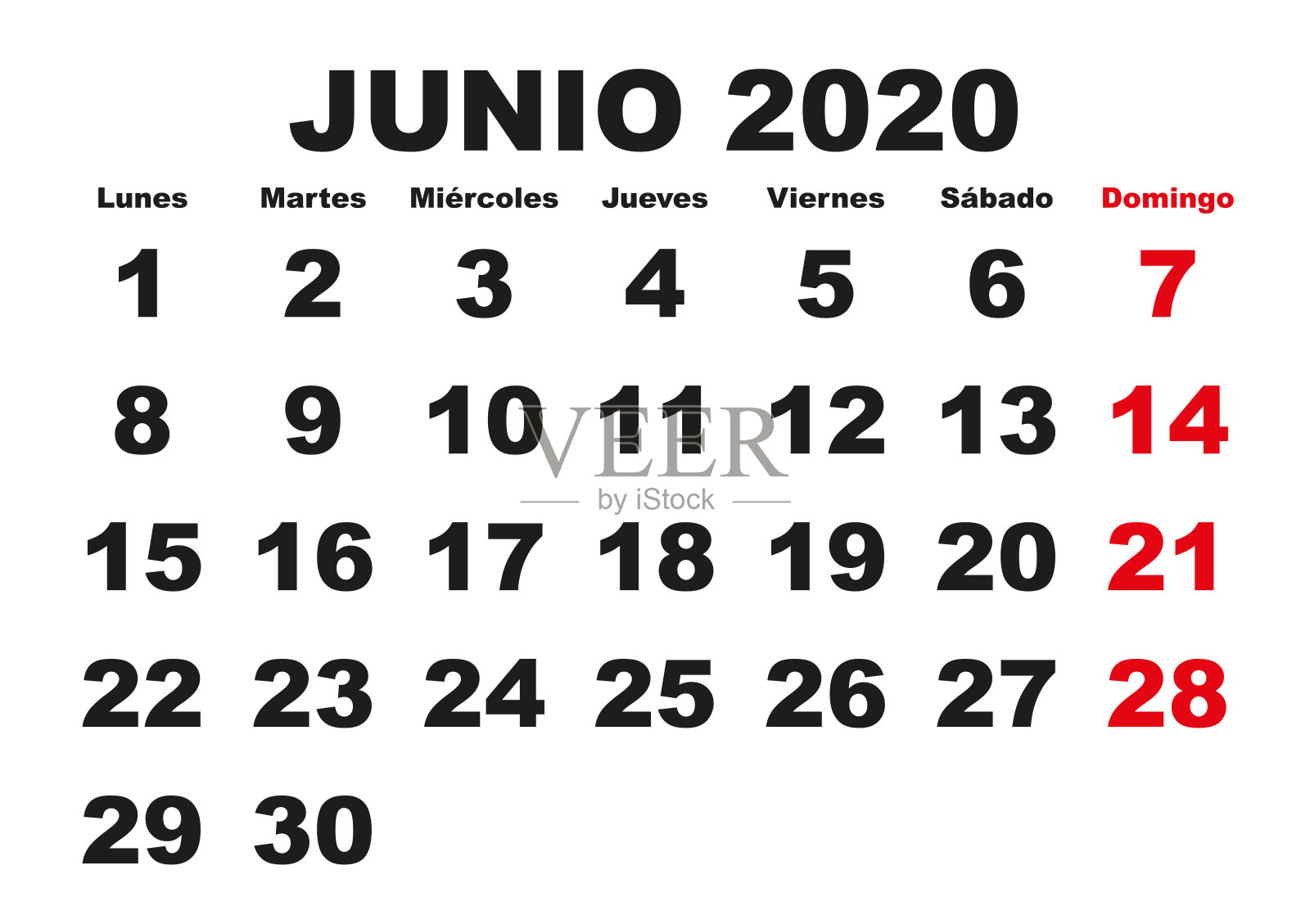Junio 2020墙壁日历西班牙语设计模板素材