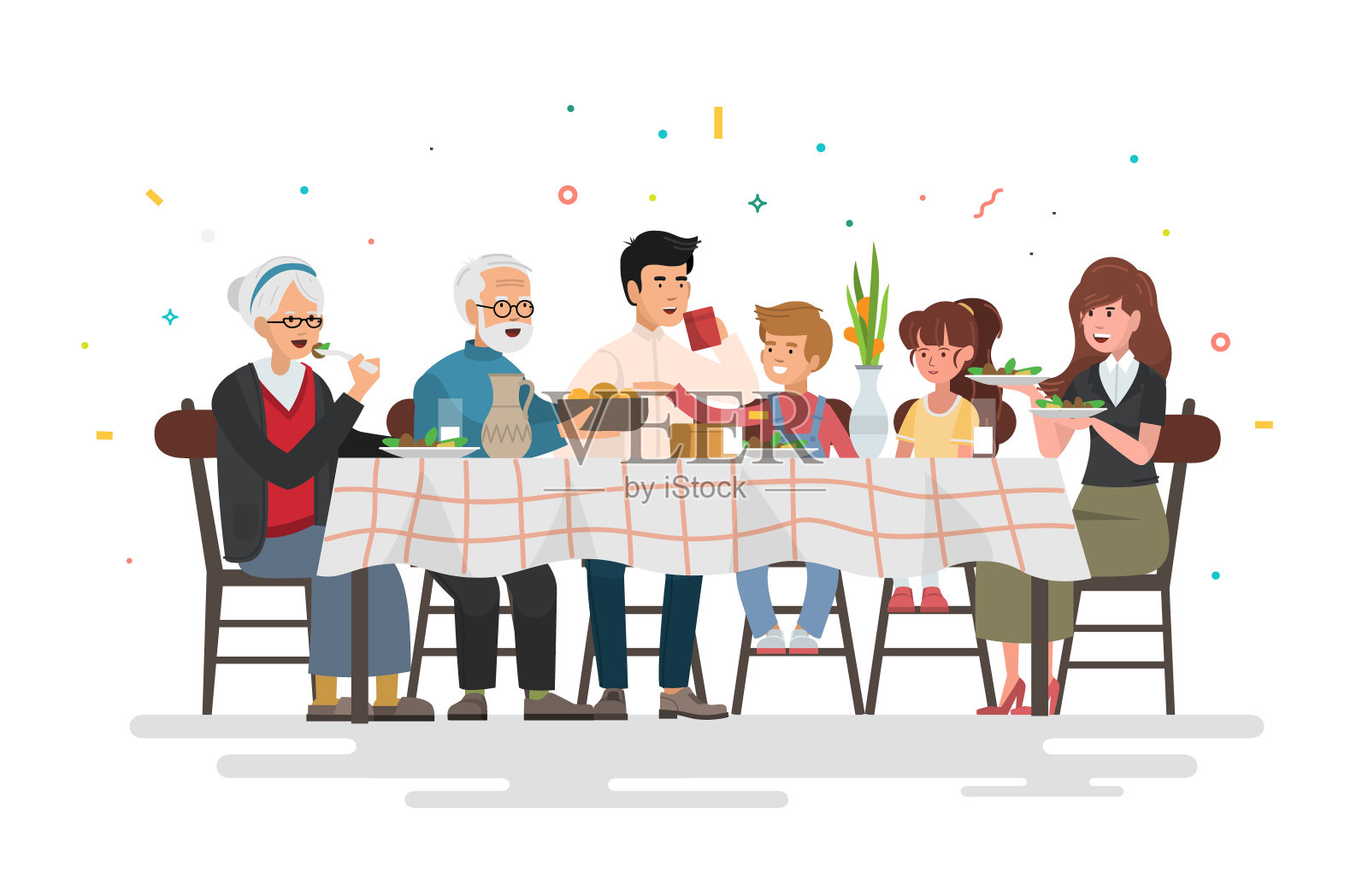 一家人围坐在餐桌前。人们吃着节日的食物，聊着节日的话题，合家团圆。矢量插图。插画图片素材