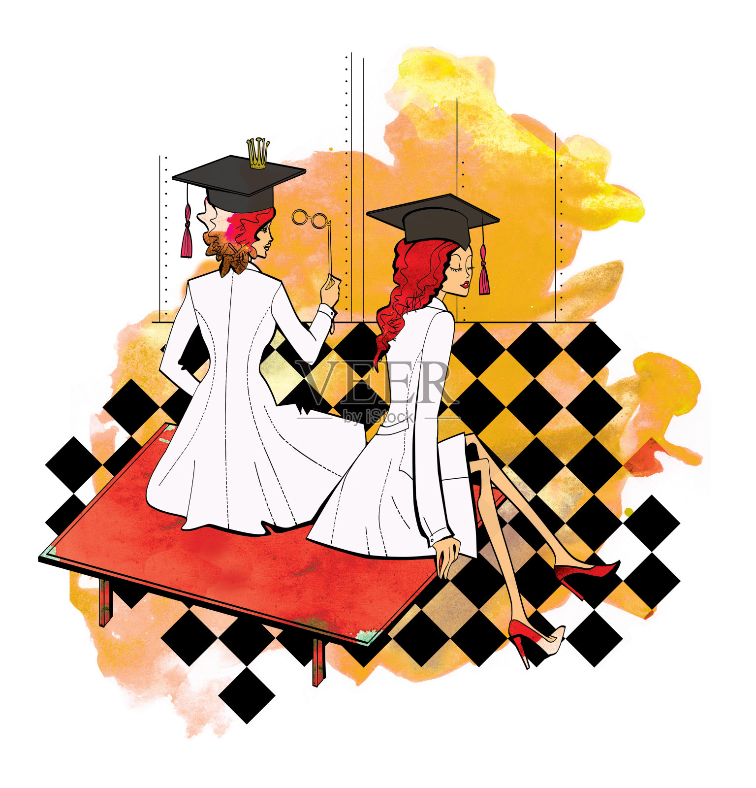 的骄傲。两位穿着白色制服，戴着方形学术杯的年轻女士坐在红色长凳上。插画图片素材