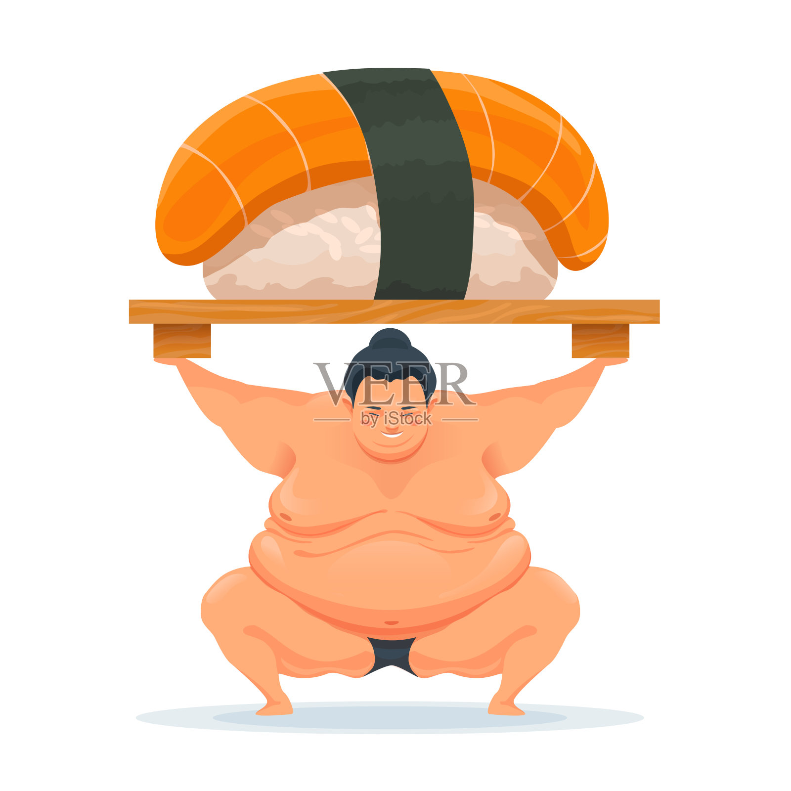 相扑男子端着盛有三文鱼寿司的托盘。传统的亚洲日本料理。插画图片素材