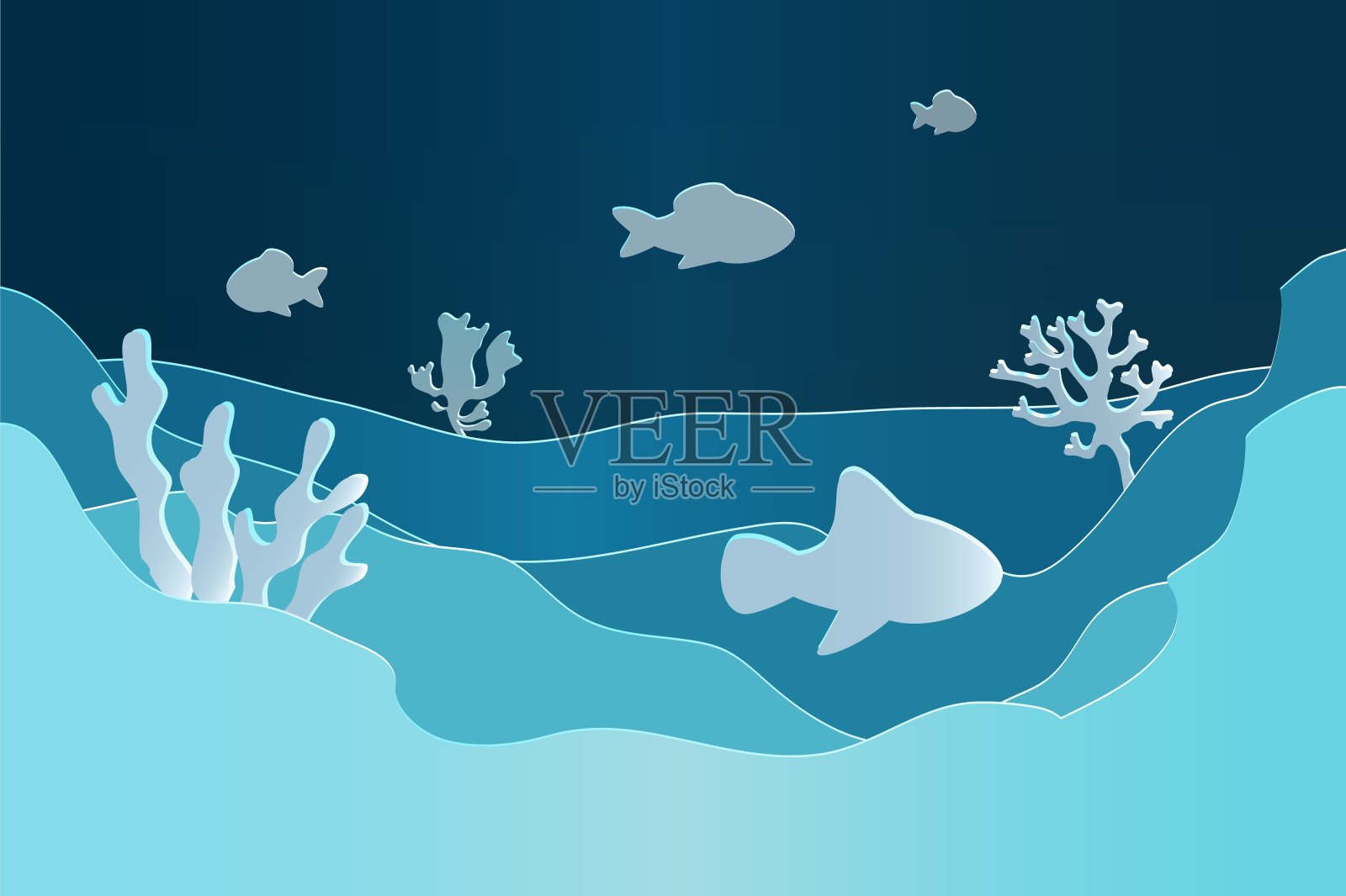 水下海景。海底，海底有海藻。深色的海水和珊瑚的剪影。海礁底矢量背景插画图片素材