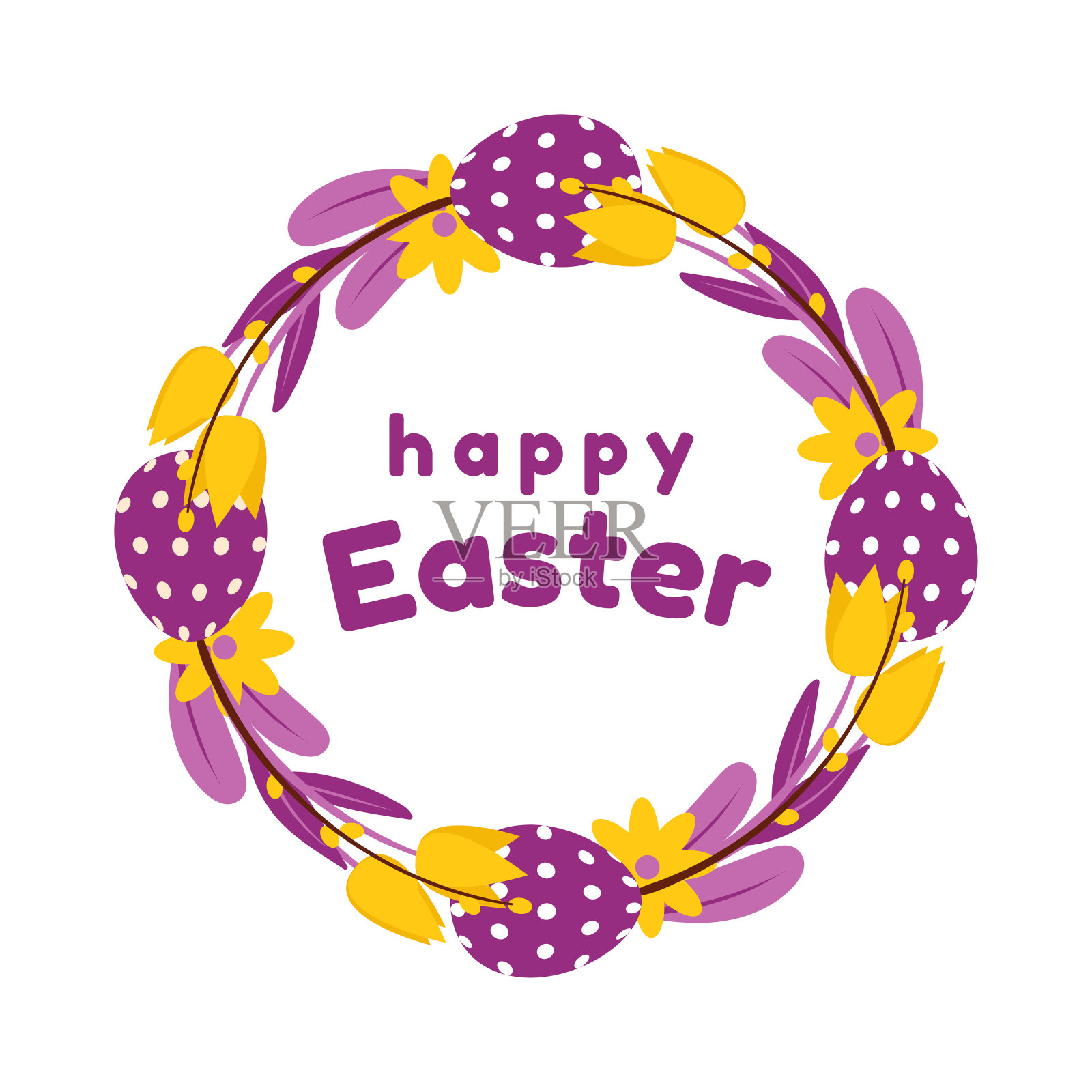 复活节花环的彩蛋，花，郁金香和柳树在黄色和紫色。孤立在白色背景上。设计模板素材