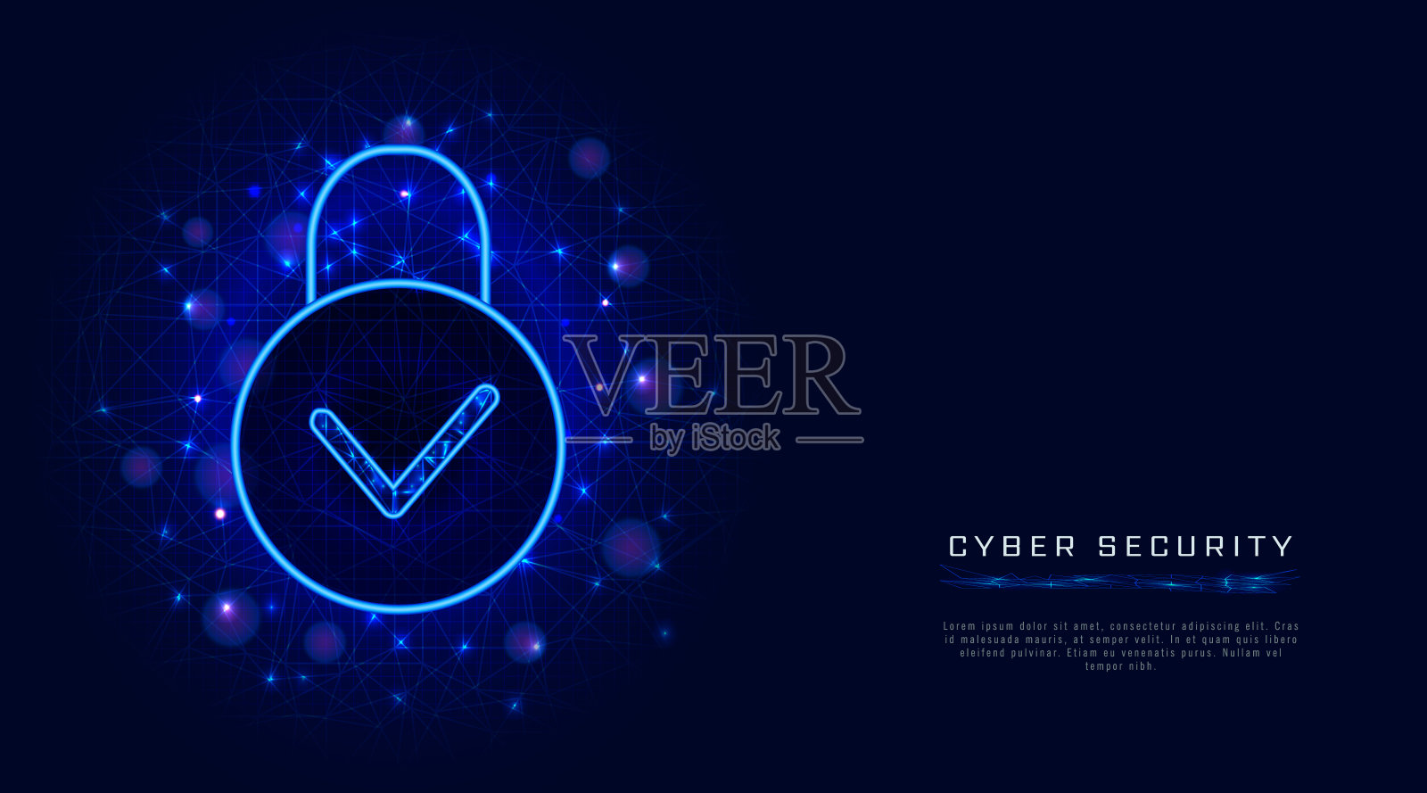 网络安全技术和安全云数据隐私保护概念与挂锁图标和检查标记的抽象蓝色多边形网格背景。模板横幅，海报或促销。矢量图插画图片素材