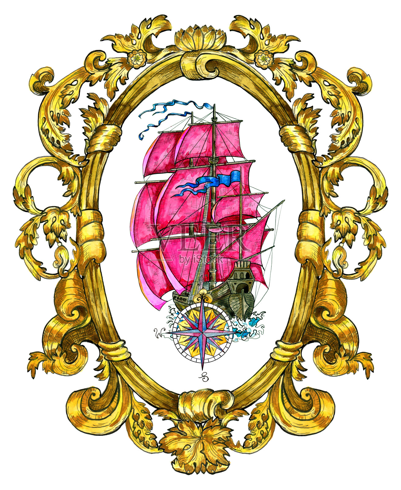 旧红色帆船在巴洛克装饰框架孤立在白色插画图片素材