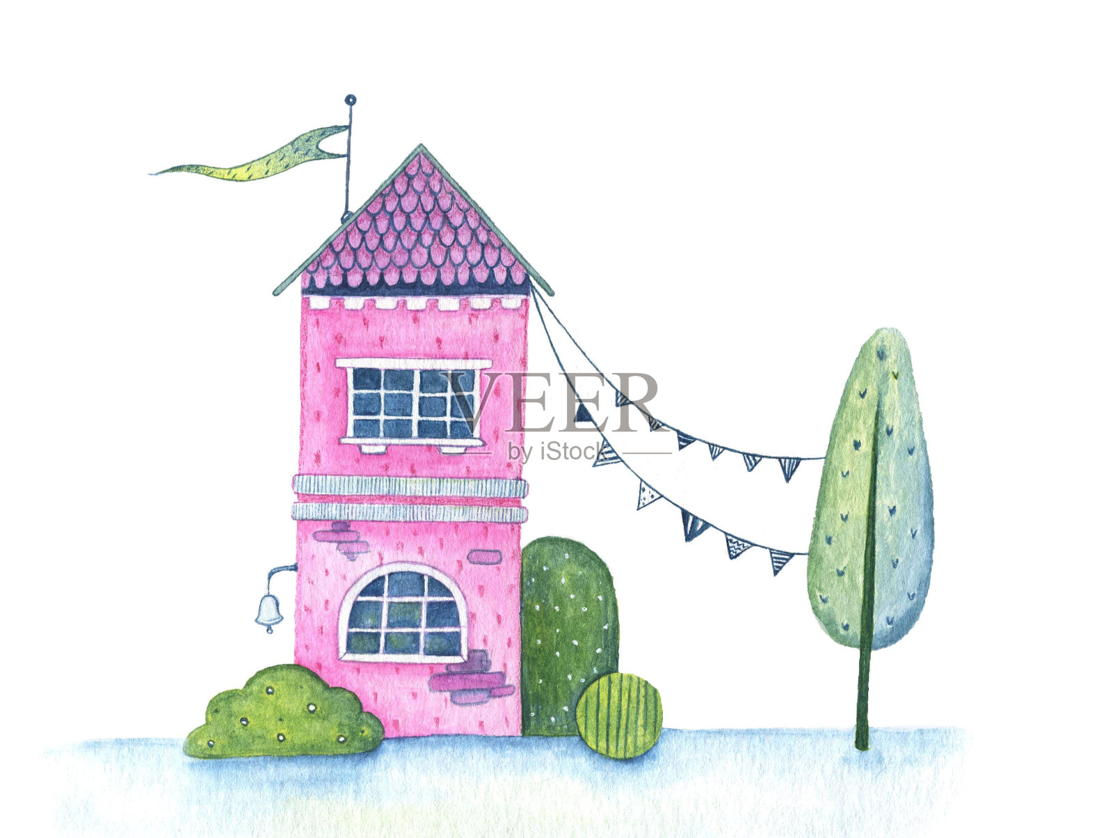 水彩插图粉红色的房子插画图片素材
