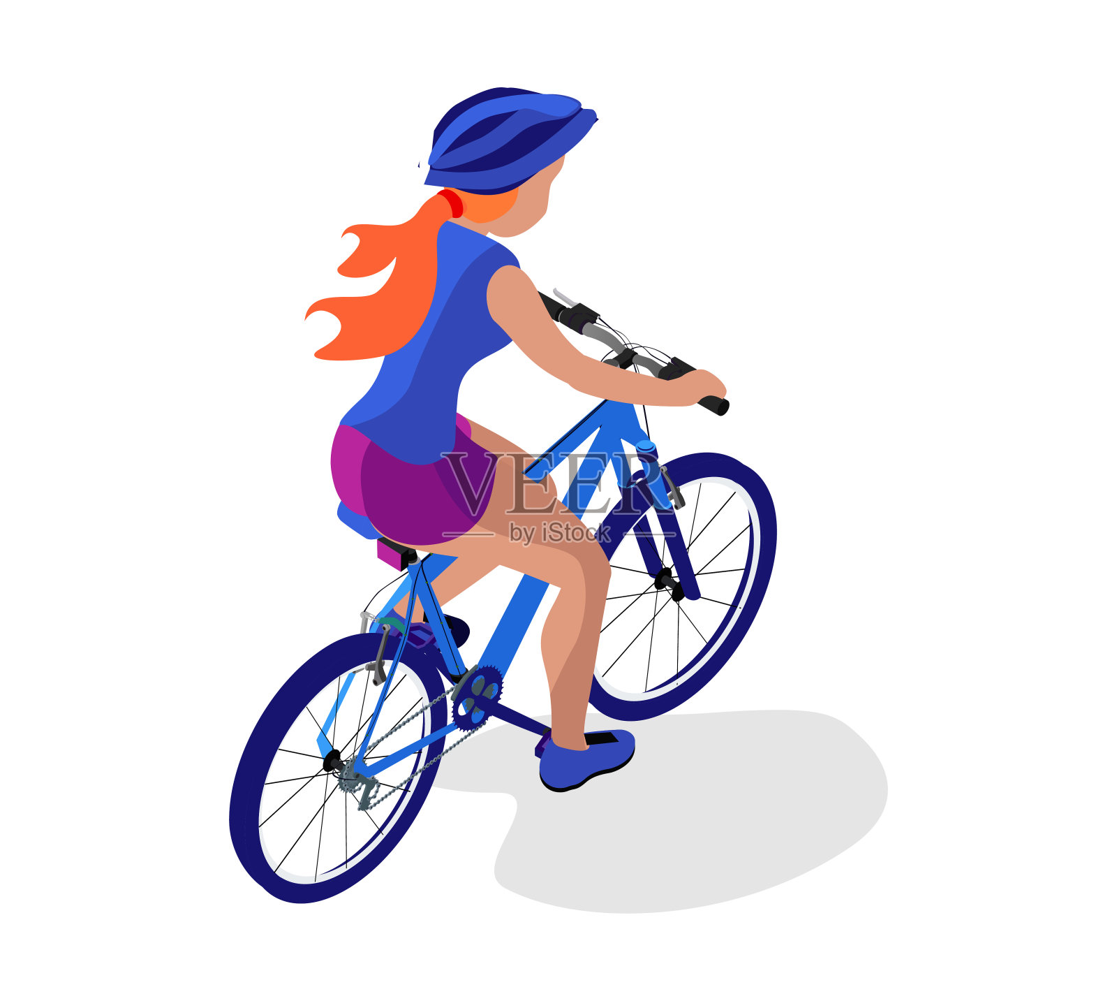 骑自行车的年轻女子。后视图。女孩骑自行车。等角平面插图设计元素图片