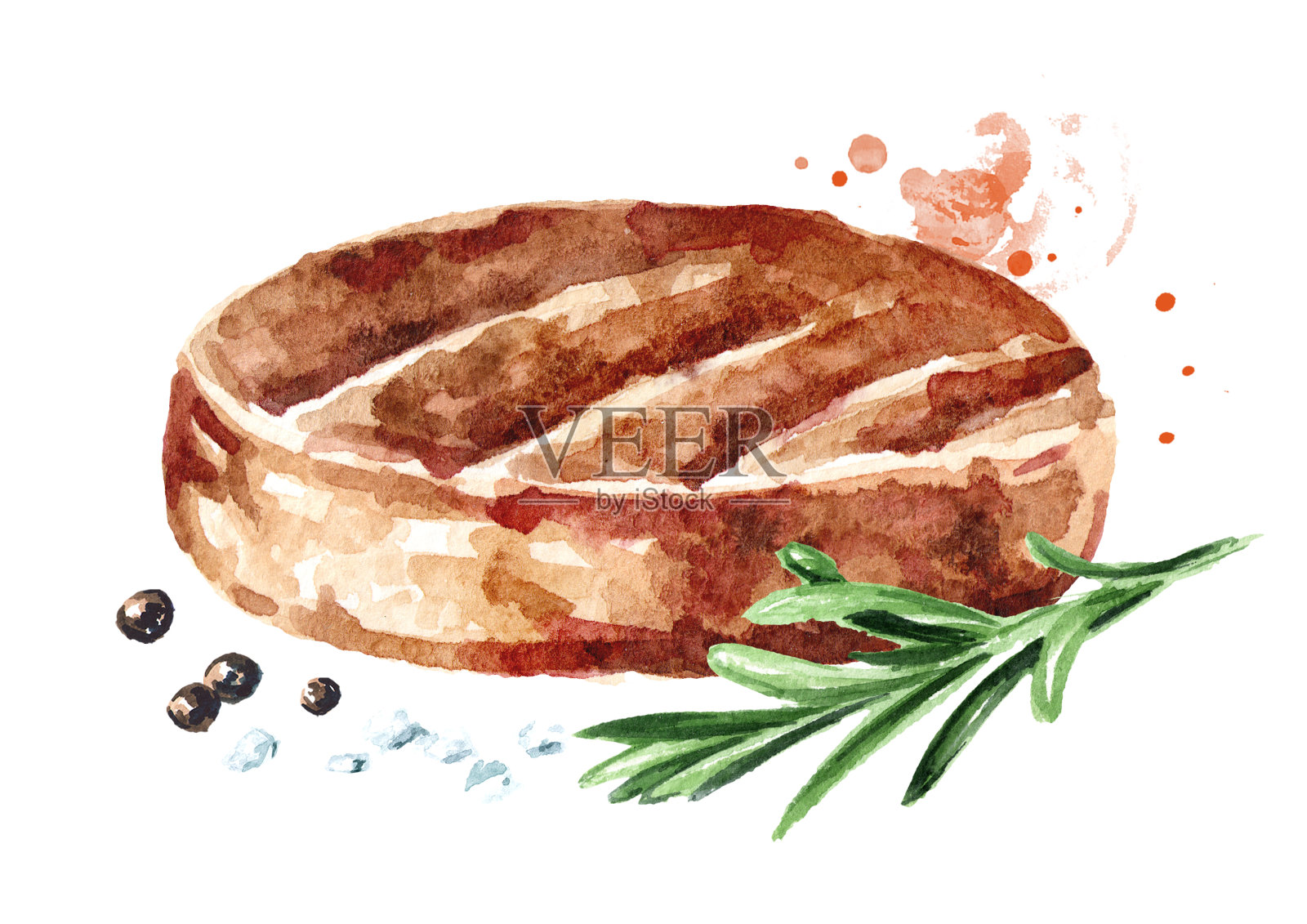 牛肉汉堡，迷迭香，盐和胡椒。水彩手绘插图，孤立的白色背景插画图片素材